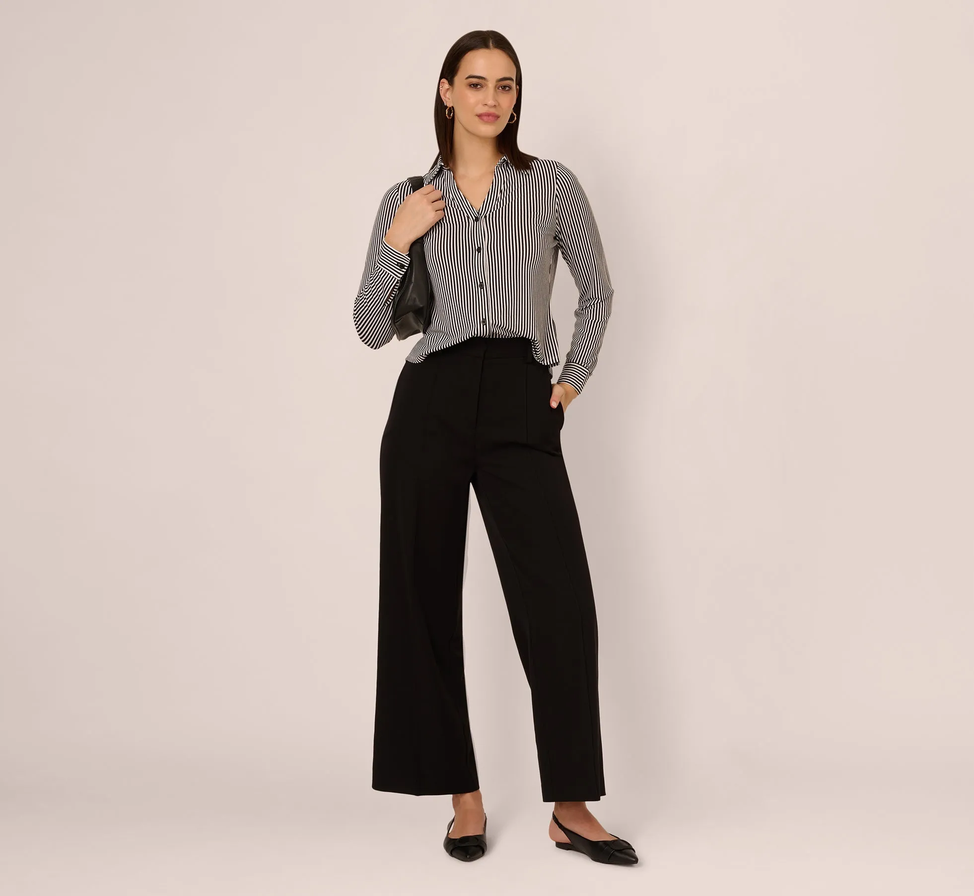 Long Sleeve Cropped Striped Blouse In Black Ivory Small Stripe sold by Adrianna Papell product image thumbnail 2
