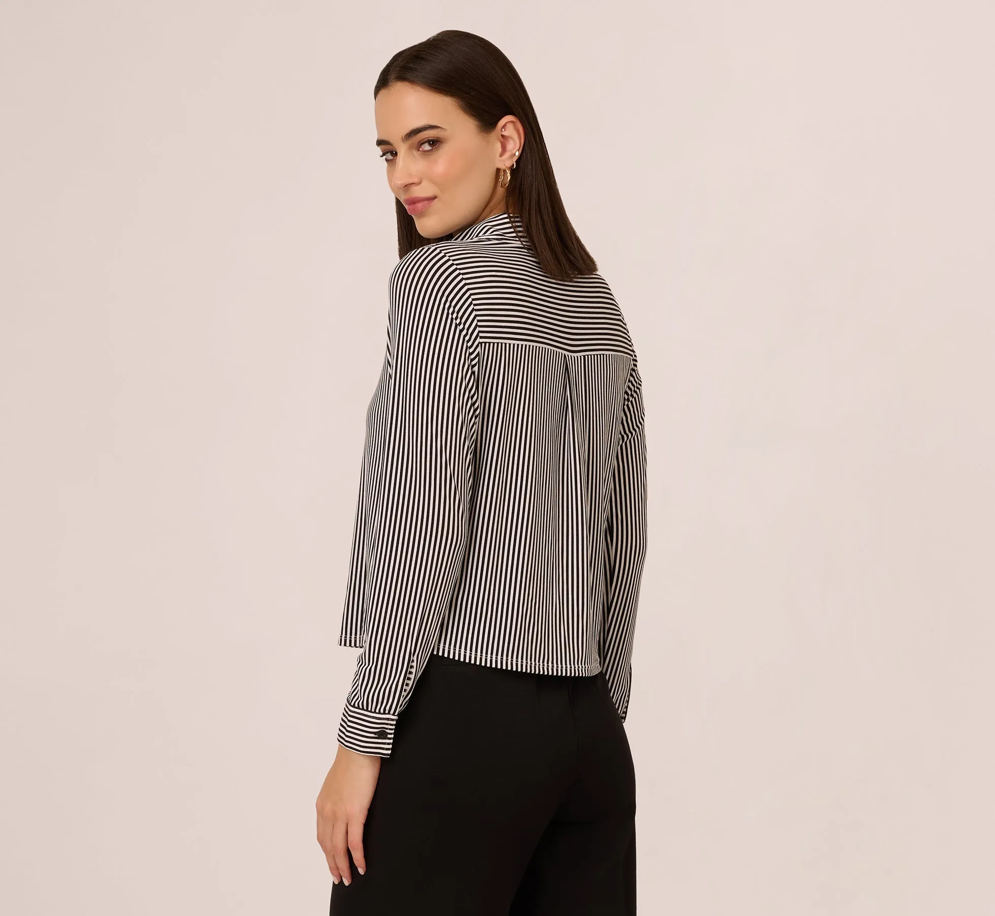 Long Sleeve Cropped Striped Blouse In Black Ivory Small Stripe sold by Adrianna Papell product image thumbnail 4