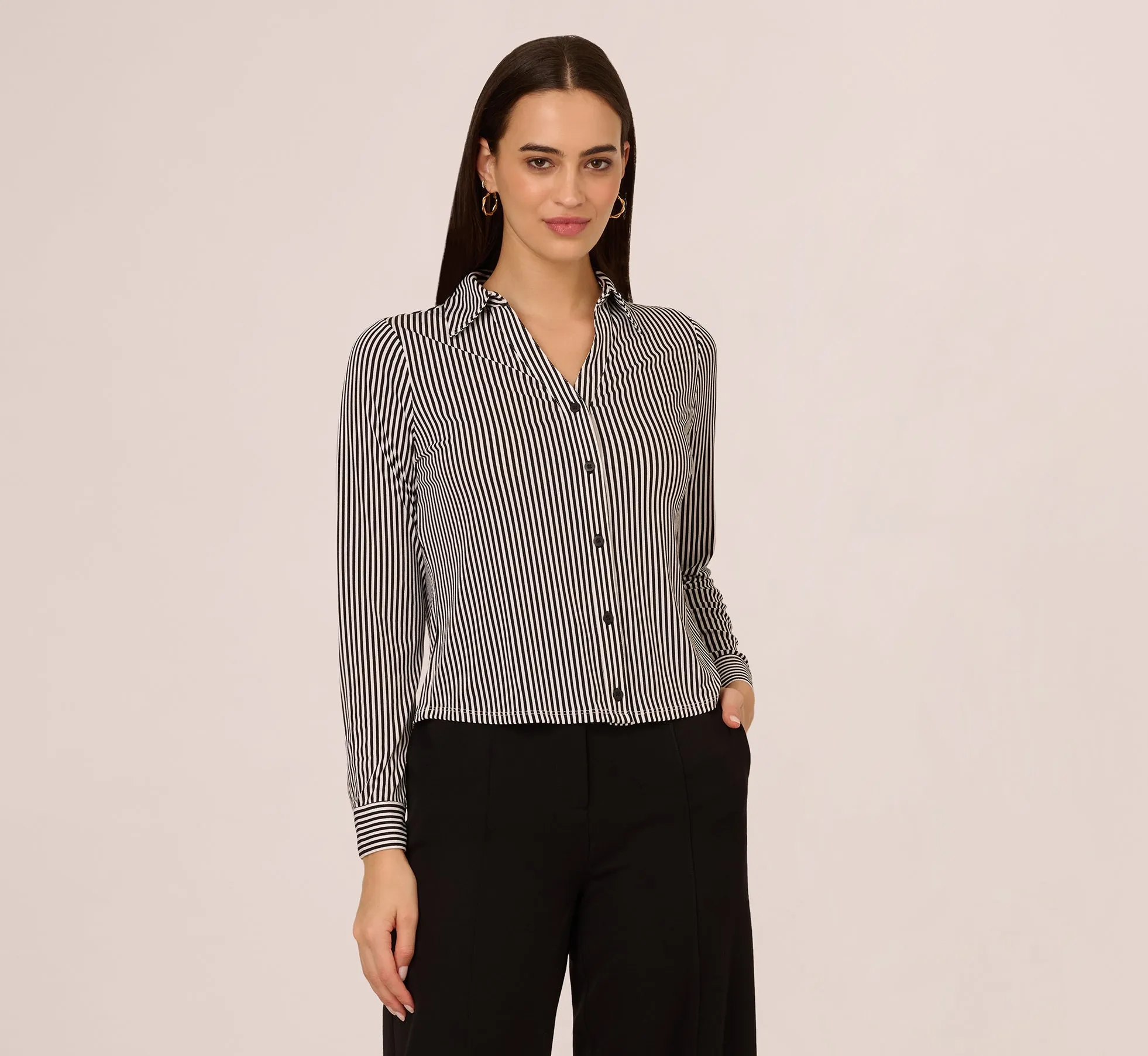 Long Sleeve Cropped Striped Blouse In Black Ivory Small Stripe sold by Adrianna Papell