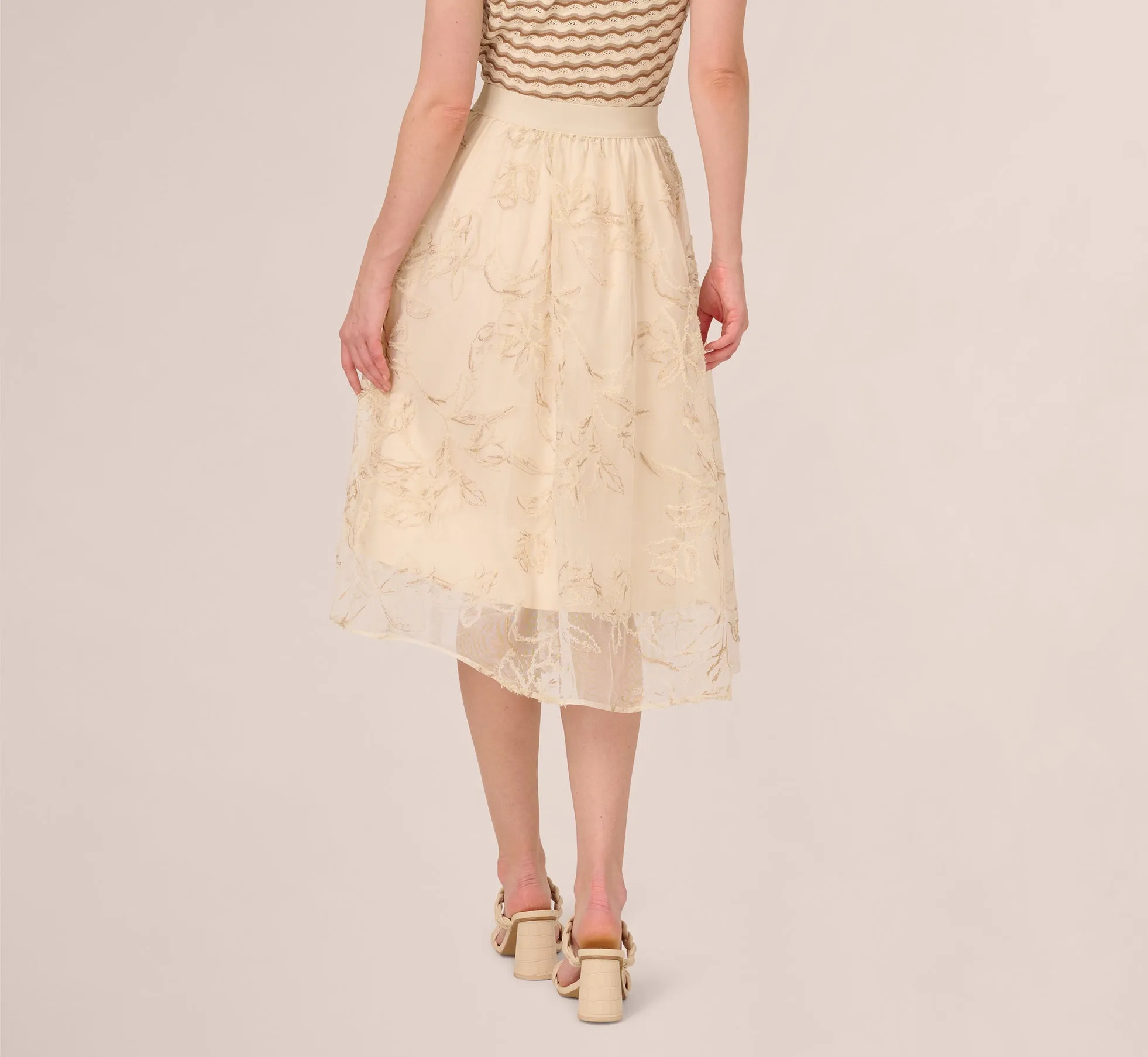 Floral Mesh Overlay A Line Midi Skirt In Ivory sold by Adrianna Papell product image thumbnail 4