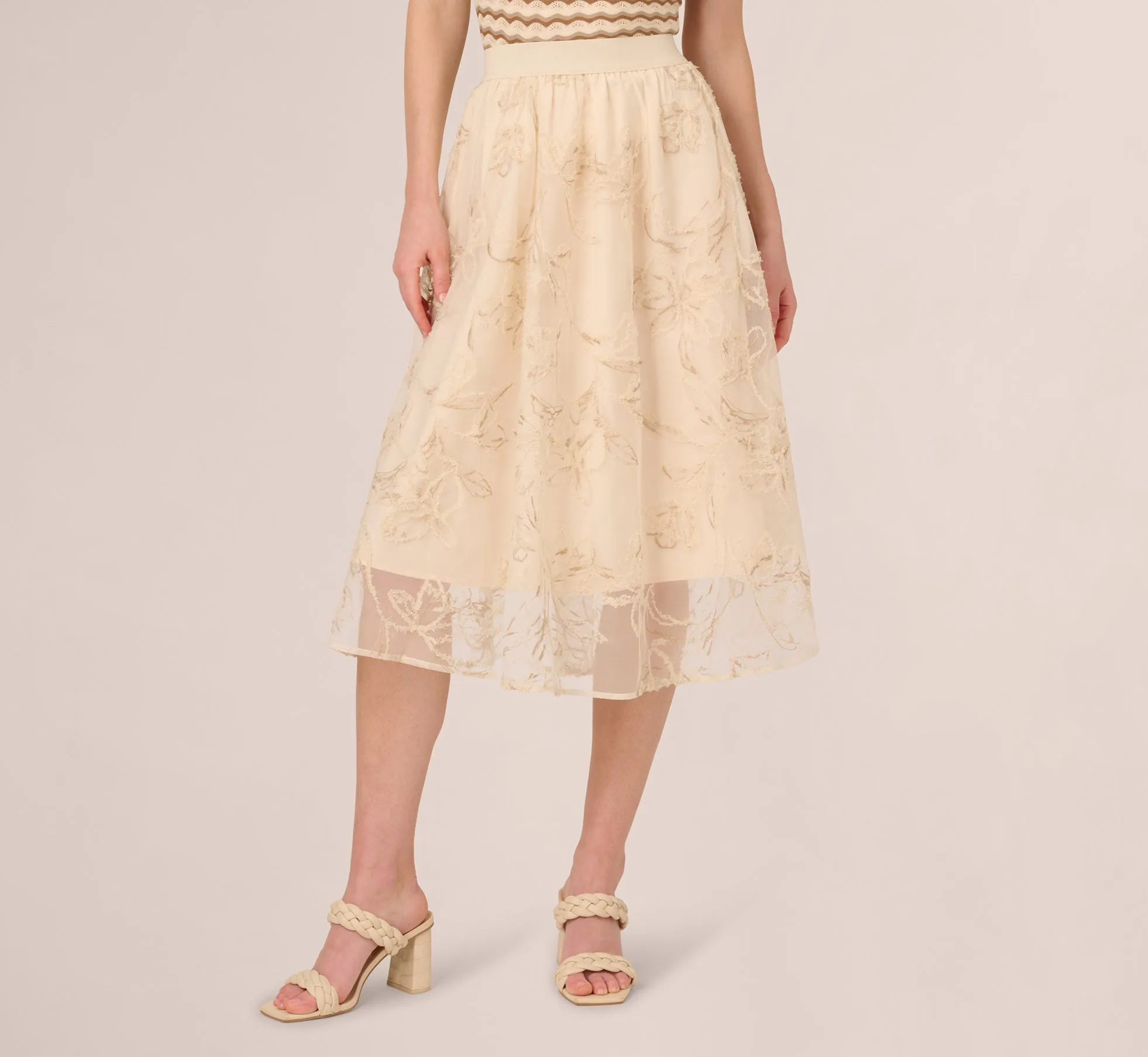 Floral Mesh Overlay A Line Midi Skirt In Ivory sold by Adrianna Papell