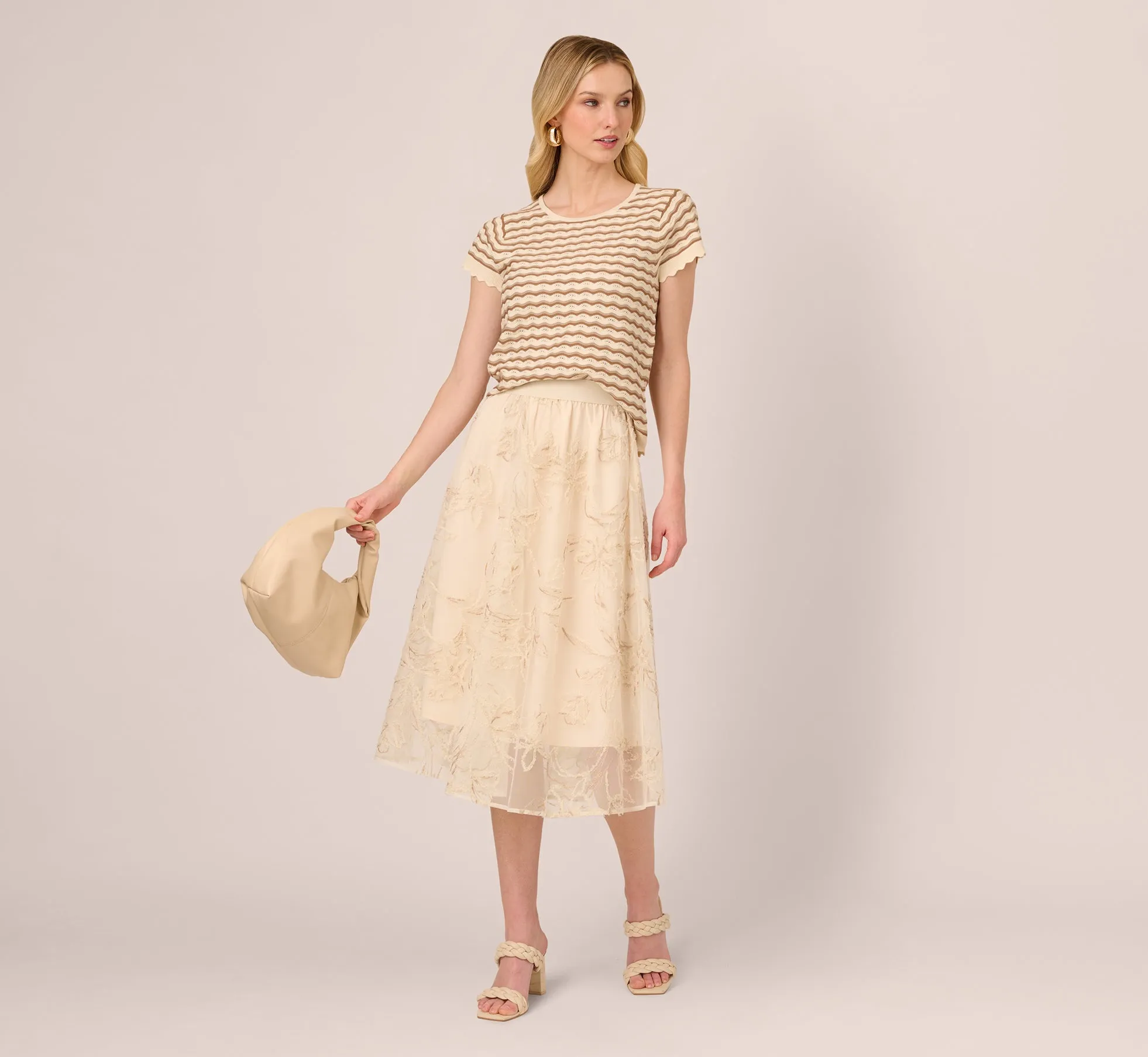 Floral Mesh Overlay A Line Midi Skirt In Ivory sold by Adrianna Papell product image thumbnail 2