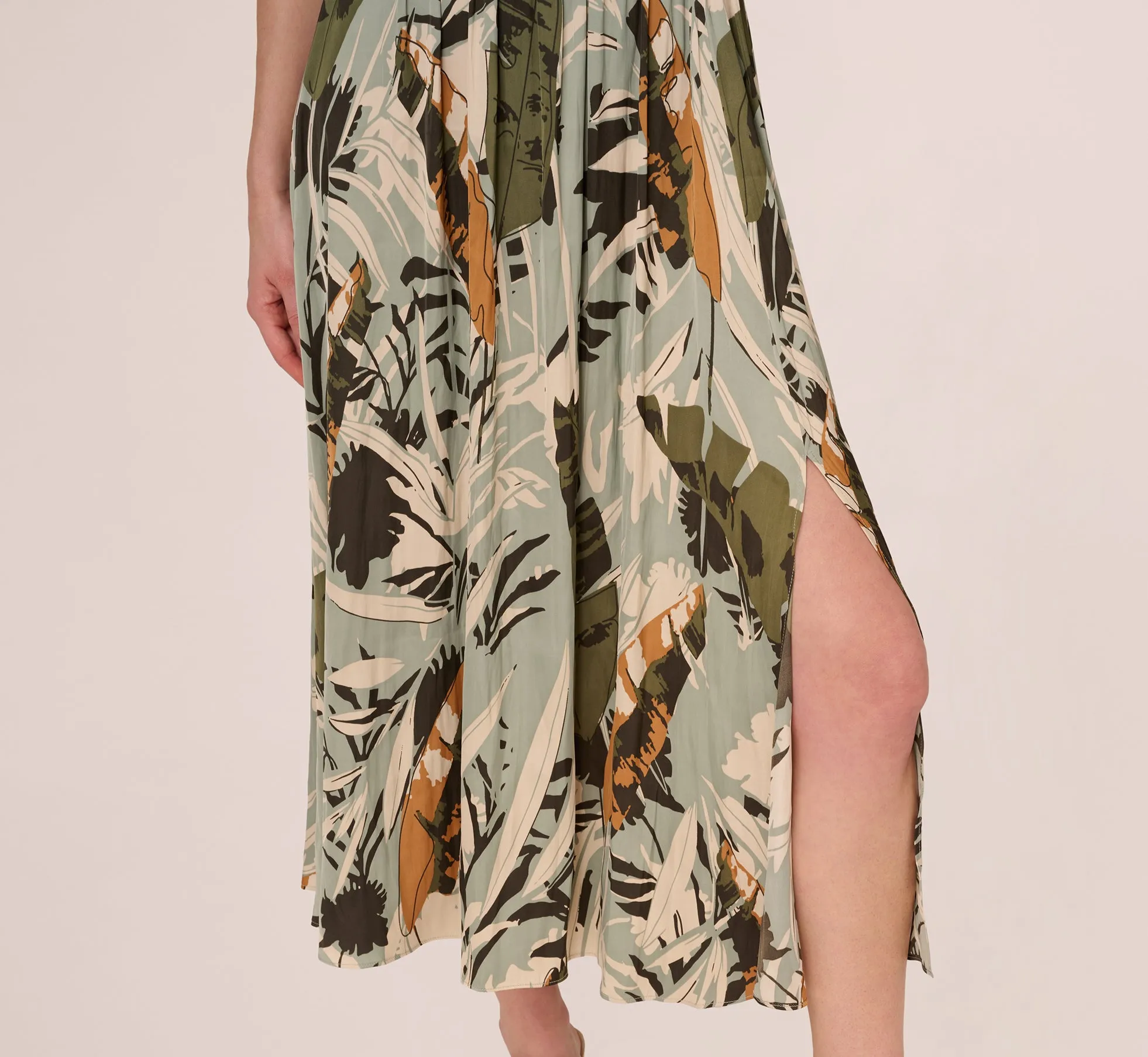 Printed Side Slit A Line Midi Skirt In Dusty Seamist Abstract Palm sold by Adrianna Papell product image thumbnail 5