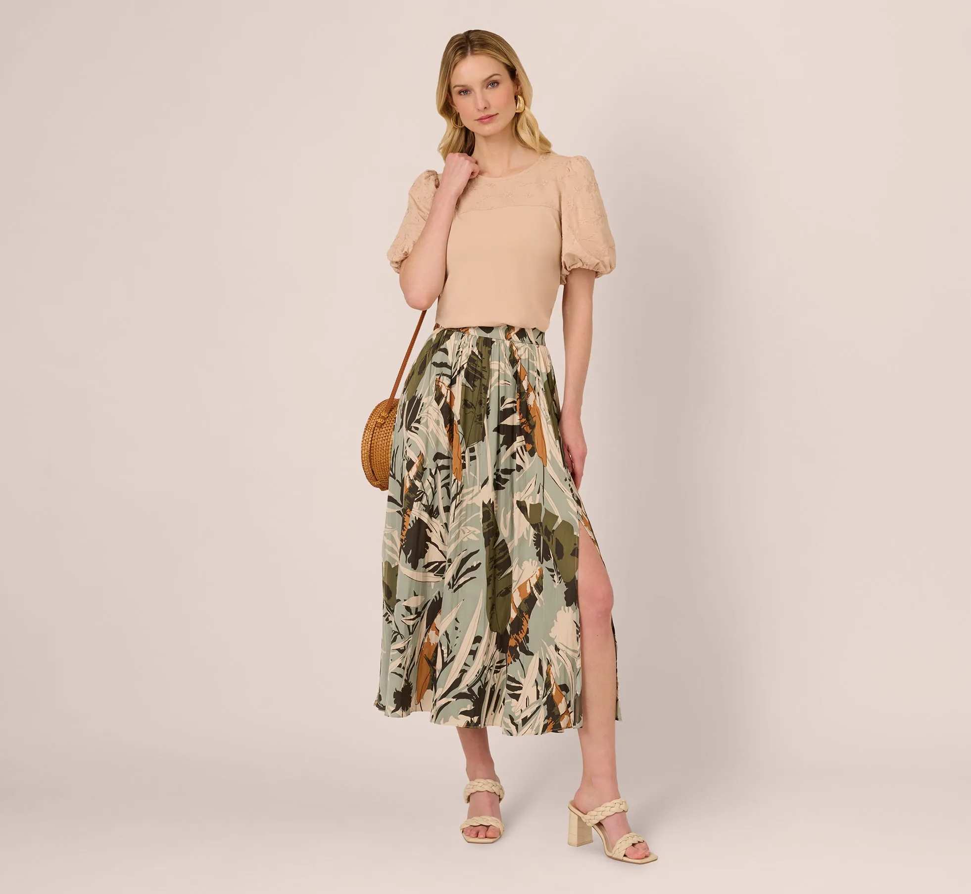 Printed Side Slit A Line Midi Skirt In Dusty Seamist Abstract Palm sold by Adrianna Papell product image thumbnail 2