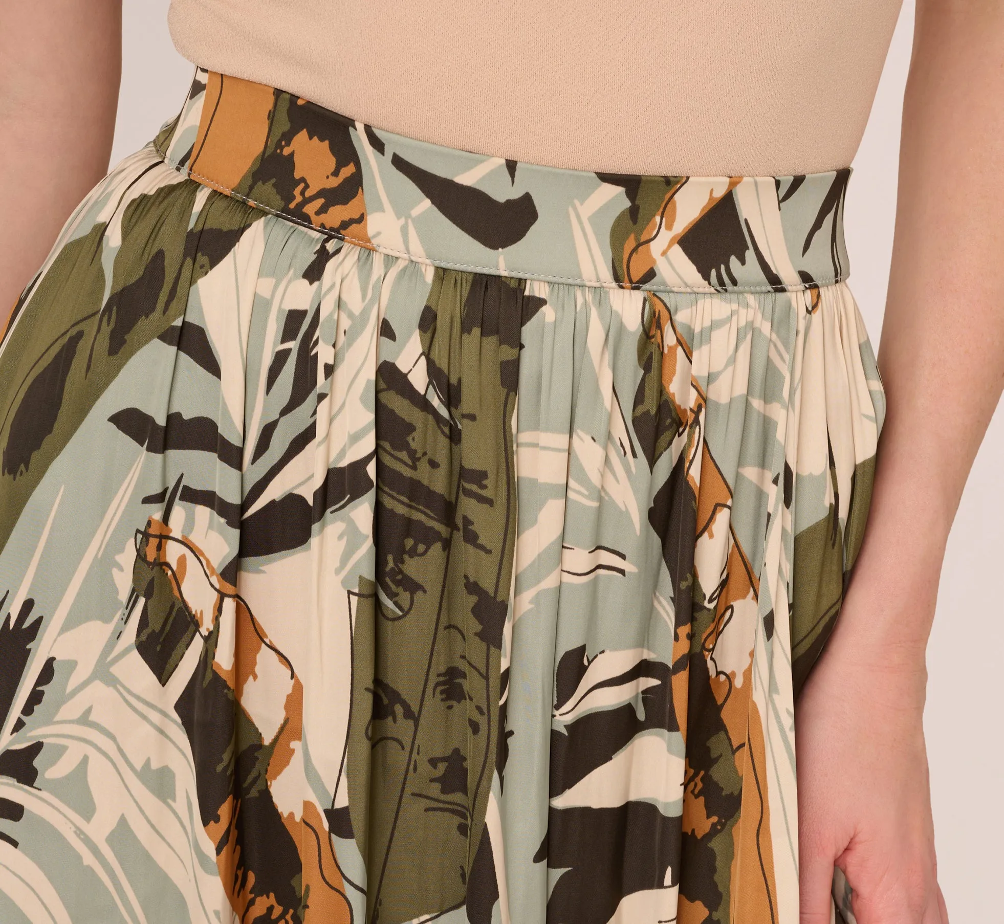 Printed Side Slit A Line Midi Skirt In Dusty Seamist Abstract Palm sold by Adrianna Papell product image thumbnail 3
