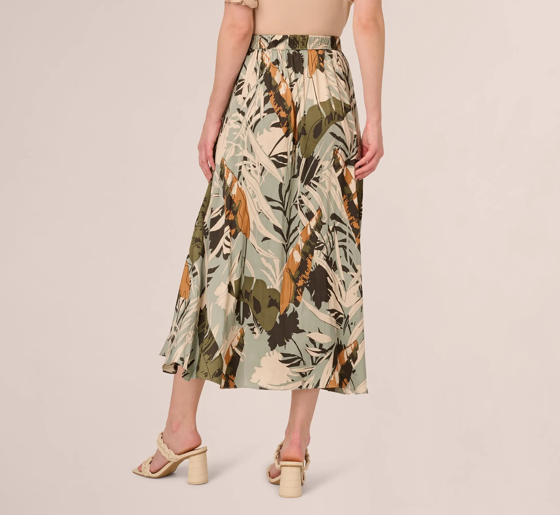 Printed Side Slit A Line Midi Skirt In Dusty Seamist Abstract Palm sold by Adrianna Papell product image thumbnail 4