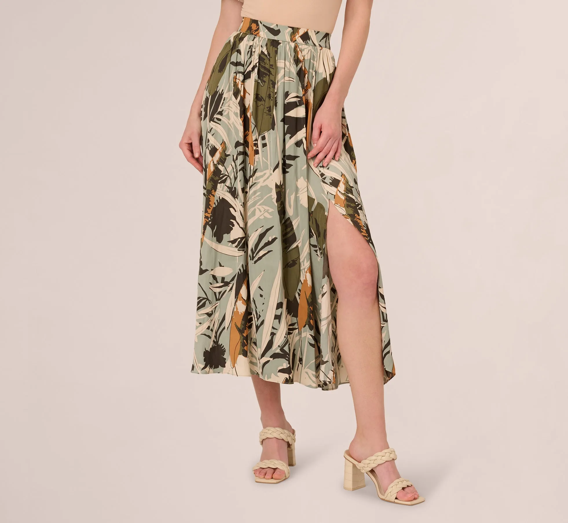 Printed Side Slit A Line Midi Skirt In Dusty Seamist Abstract Palm sold by Adrianna Papell
