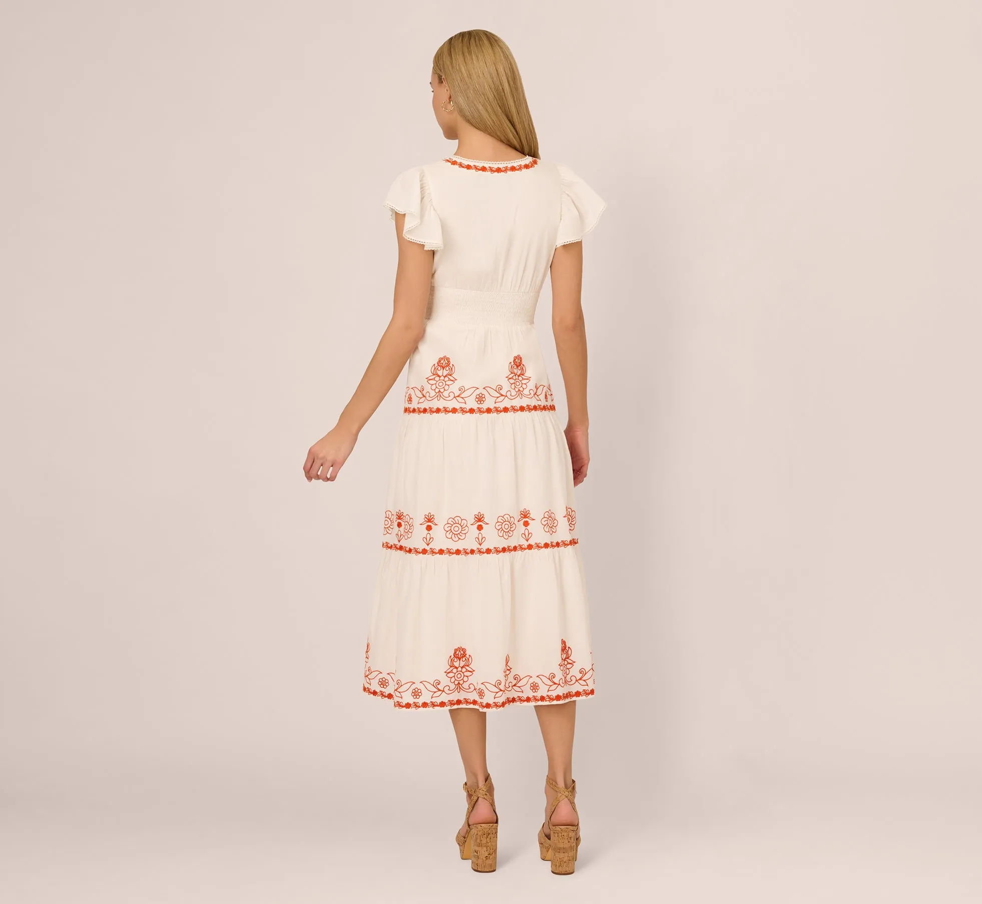 Embroidered Flutter Sleeve Tiered Midi Dress In Ivory Red Multi sold by Adrianna Papell product image thumbnail 5
