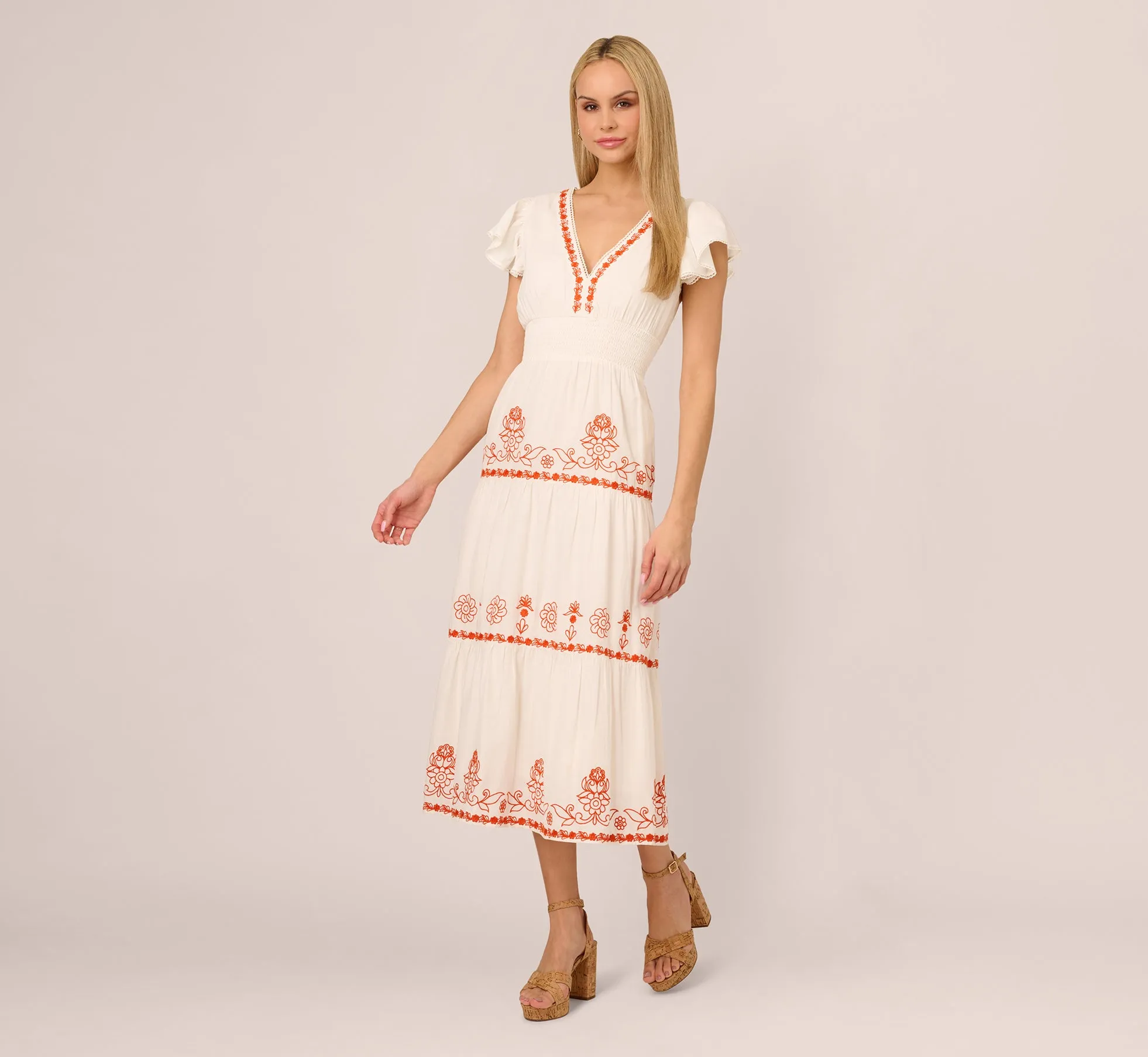 Embroidered Flutter Sleeve Tiered Midi Dress In Ivory Red Multi sold by Adrianna Papell