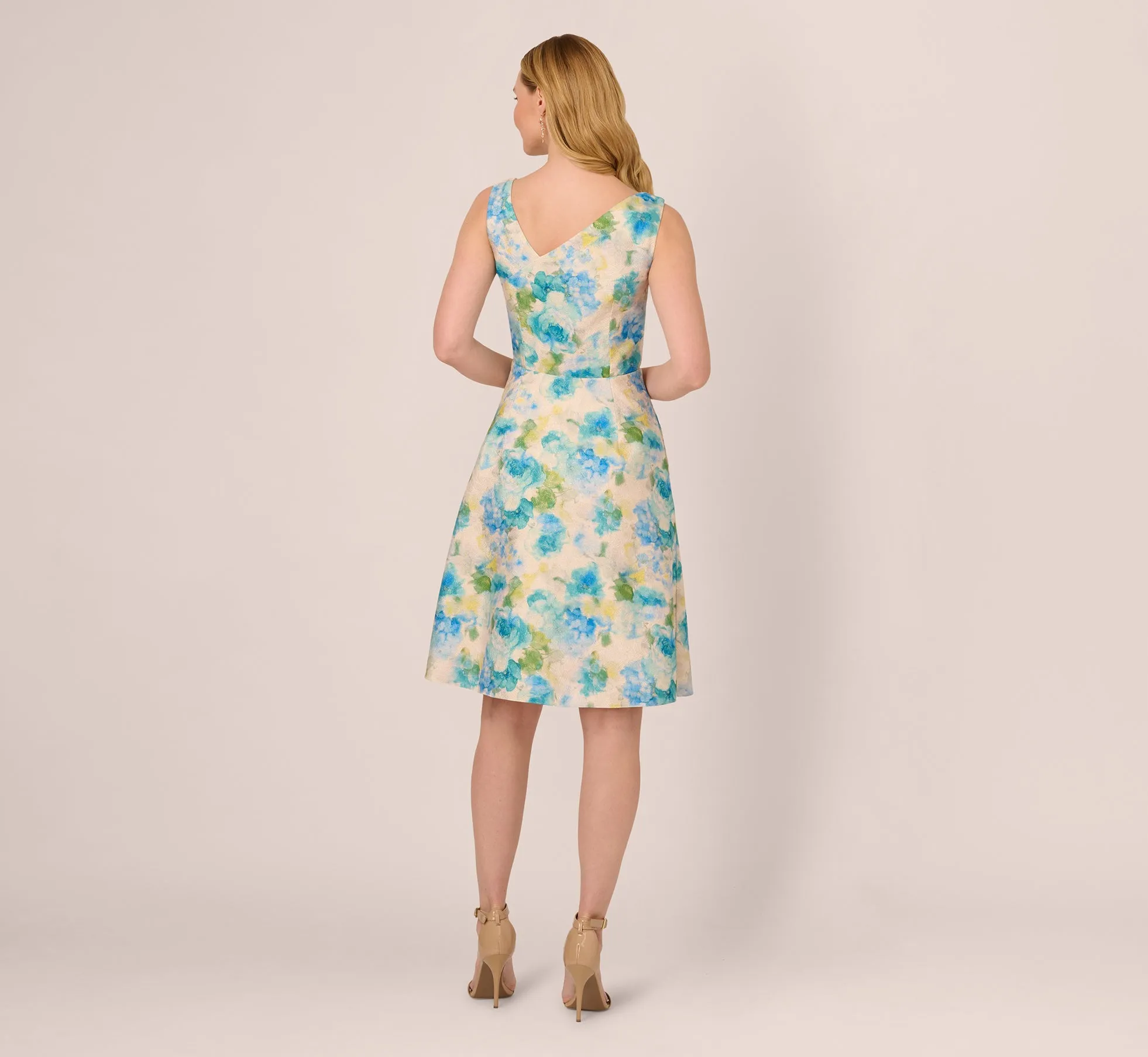 Sleeveless Asymmetrical Floral Jacquard Midi Dress In Ivory Blue Multi sold by Adrianna Papell product image thumbnail 4