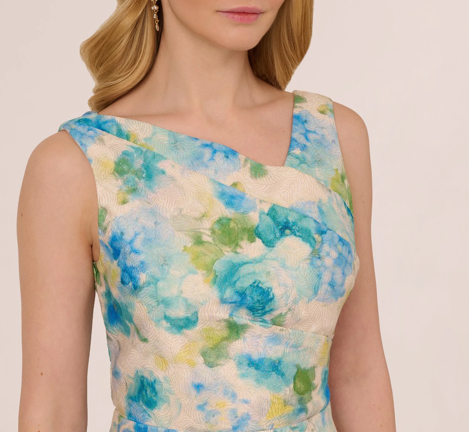 Sleeveless Asymmetrical Floral Jacquard Midi Dress In Ivory Blue Multi sold by Adrianna Papell product image thumbnail 3