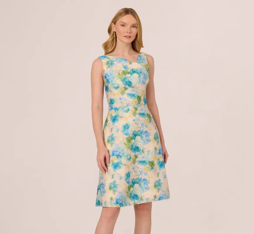 Sleeveless Asymmetrical Floral Jacquard Midi Dress In Ivory Blue Multi sold by Adrianna Papell