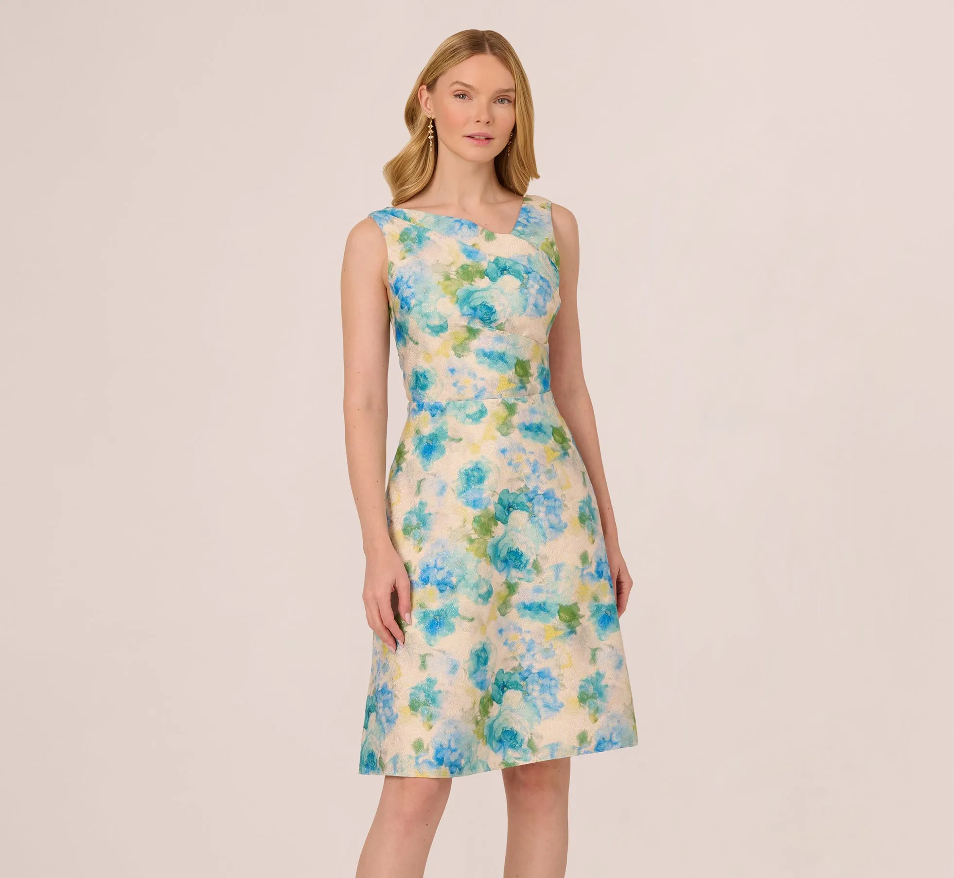 Sleeveless Asymmetrical Floral Jacquard Midi Dress In Ivory Blue Multi sold by Adrianna Papell