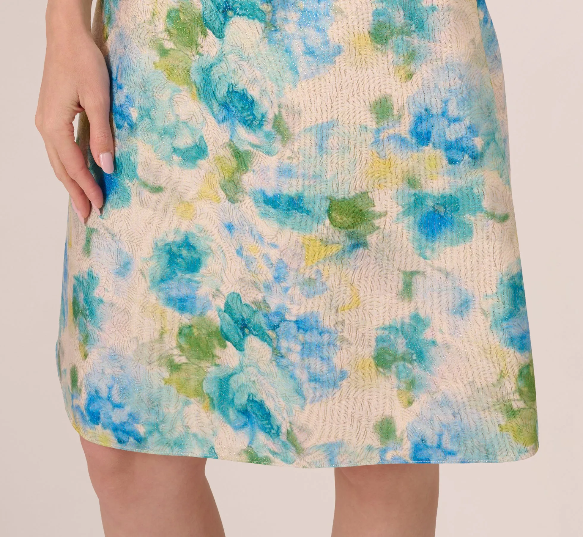 Sleeveless Asymmetrical Floral Jacquard Midi Dress In Ivory Blue Multi sold by Adrianna Papell product image thumbnail 5