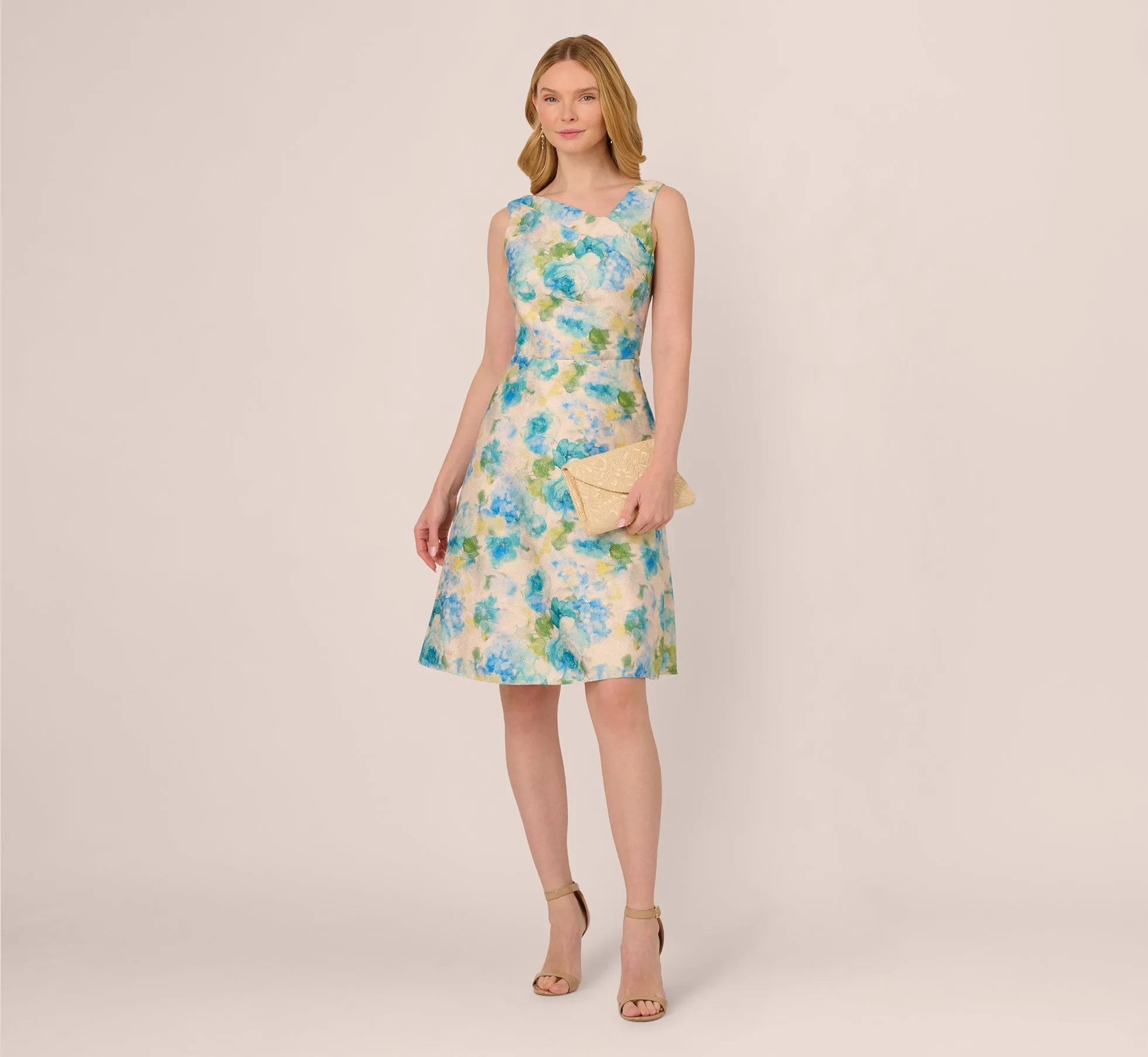 Sleeveless Asymmetrical Floral Jacquard Midi Dress In Ivory Blue Multi sold by Adrianna Papell product image thumbnail 2