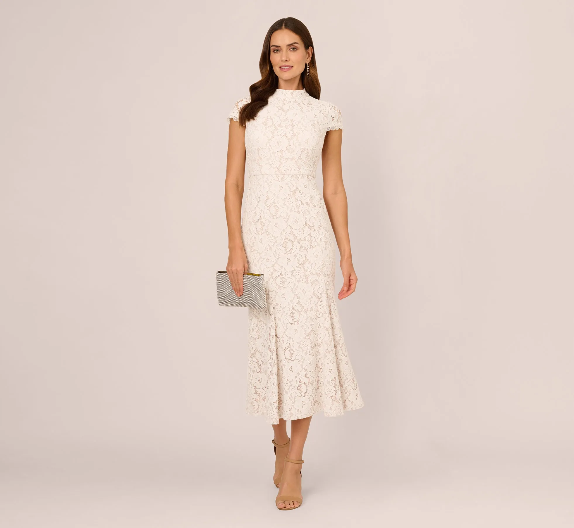 Cap Sleeve Lace Midi Dress In Ivory Nude sold by Adrianna Papell product image thumbnail 2