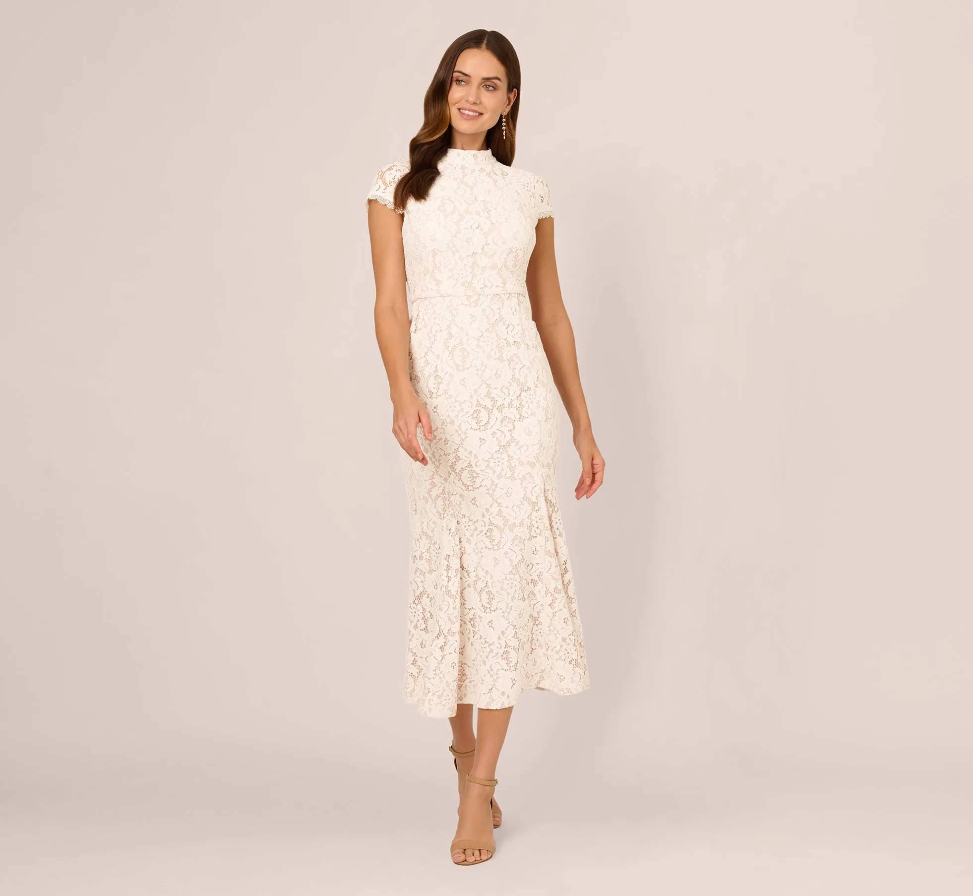 Cap Sleeve Lace Midi Dress In Ivory Nude sold by Adrianna Papell