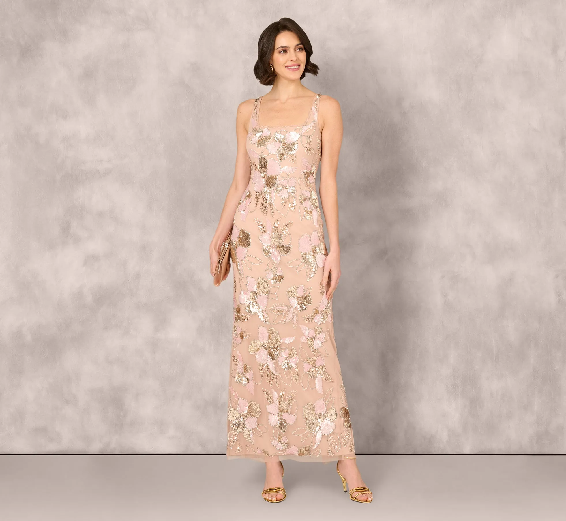 Sleeveless Square Neck Floral Beaded Column Gown In Pink sold by Adrianna Papell product image thumbnail 2