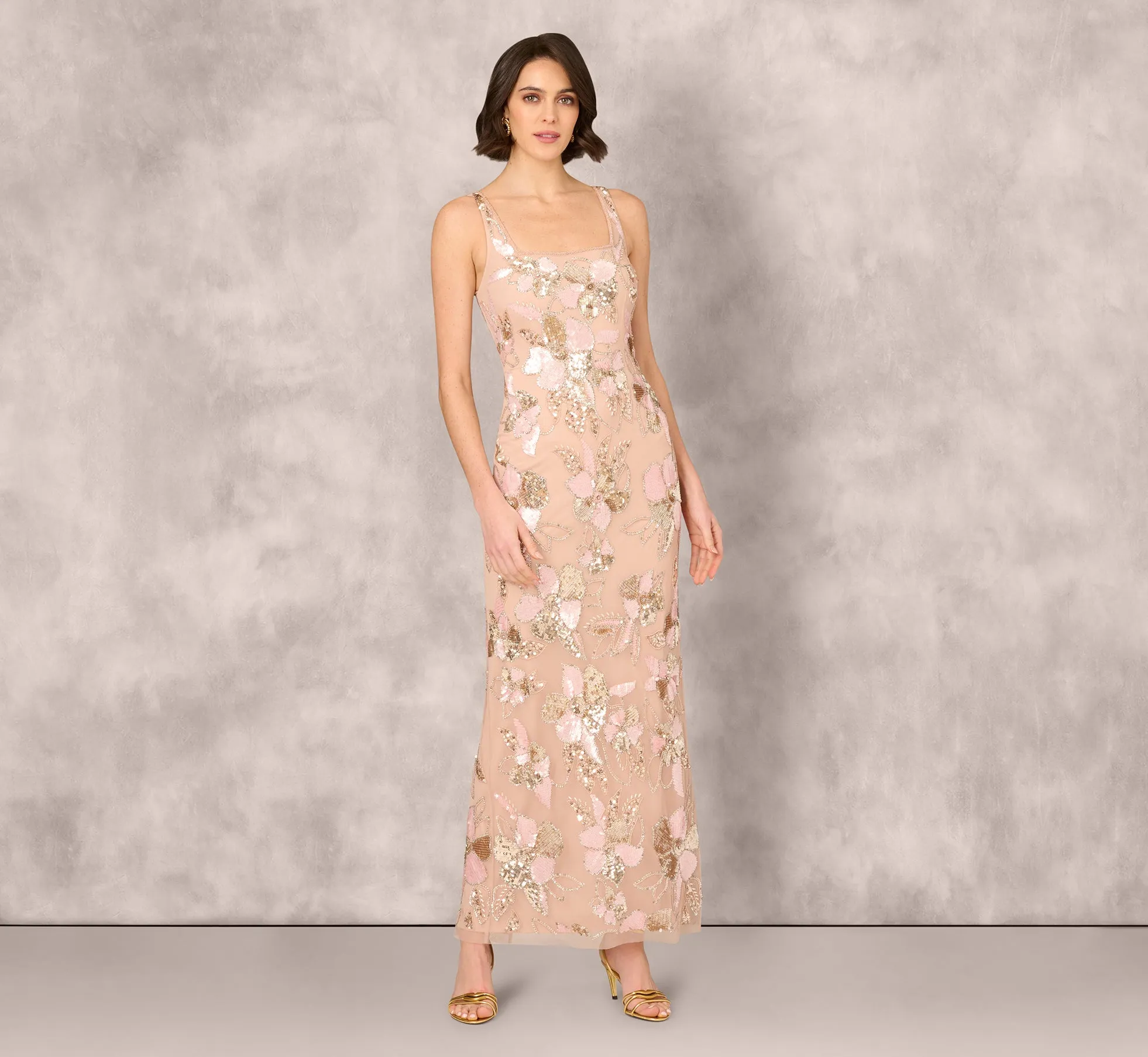 Sleeveless Square Neck Floral Beaded Column Gown In Pink sold by Adrianna Papell