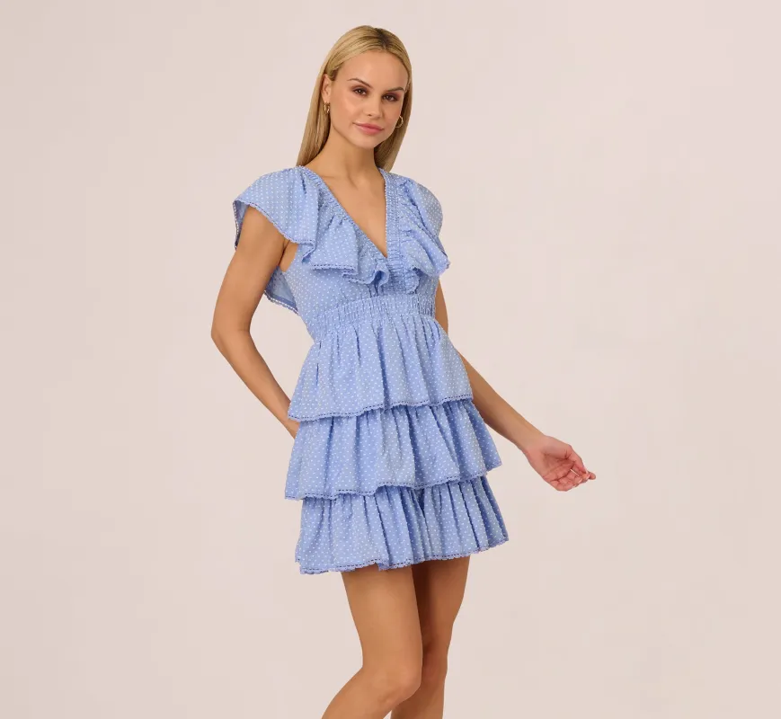 Polka Dot Ruffle Flounce Short Dress In Chambray Blue sold by Adrianna Papell