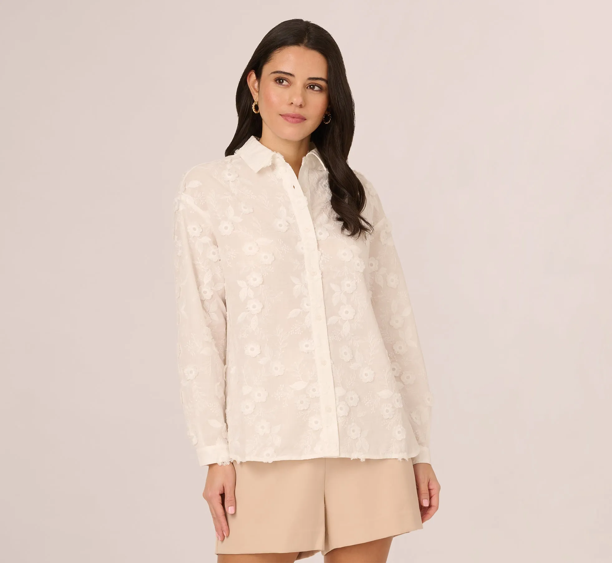 Sheer Cotton Floral Button Front Blouse In White sold by Adrianna Papell product image thumbnail 2