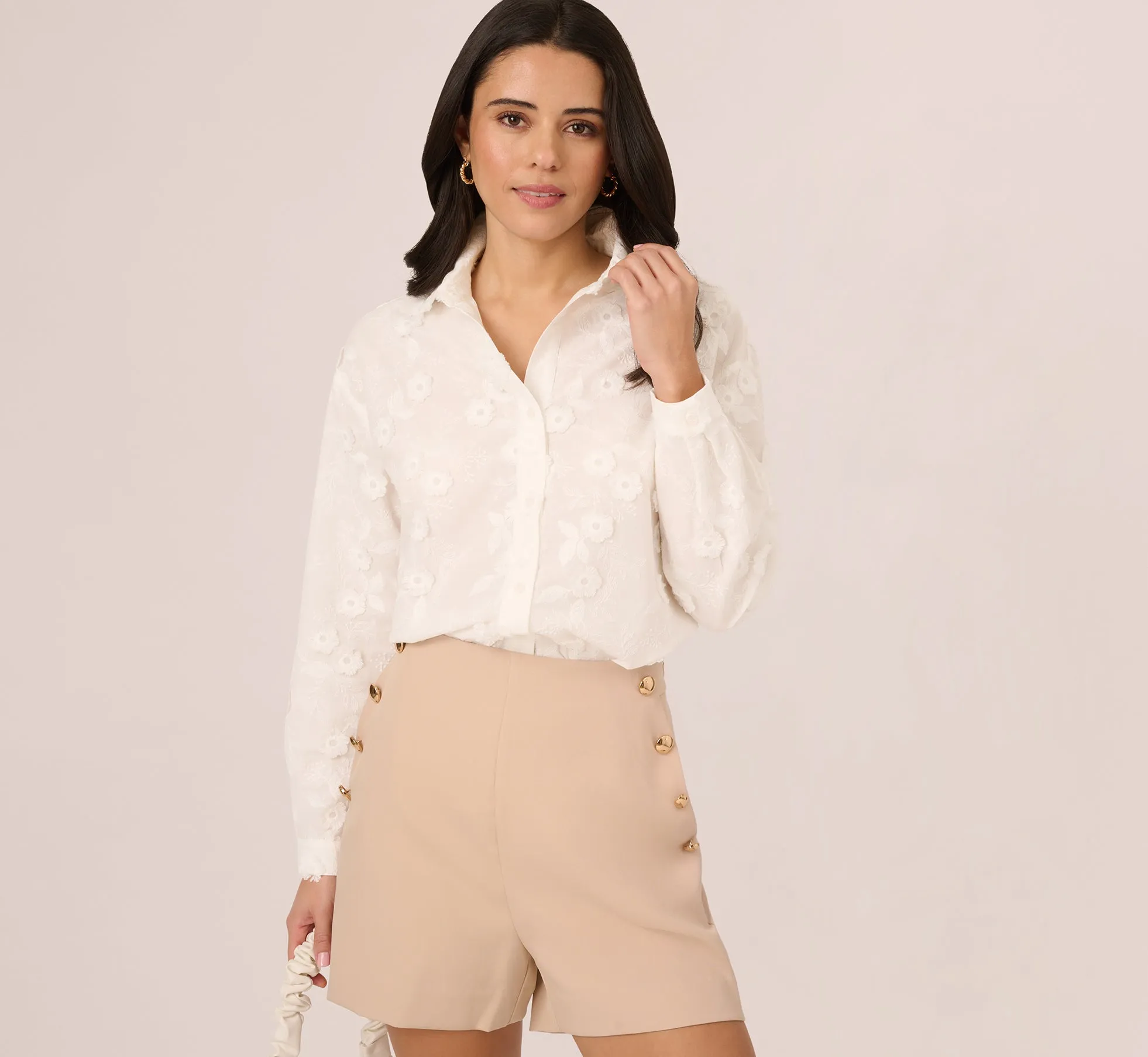 Sheer Cotton Floral Button Front Blouse In White sold by Adrianna Papell