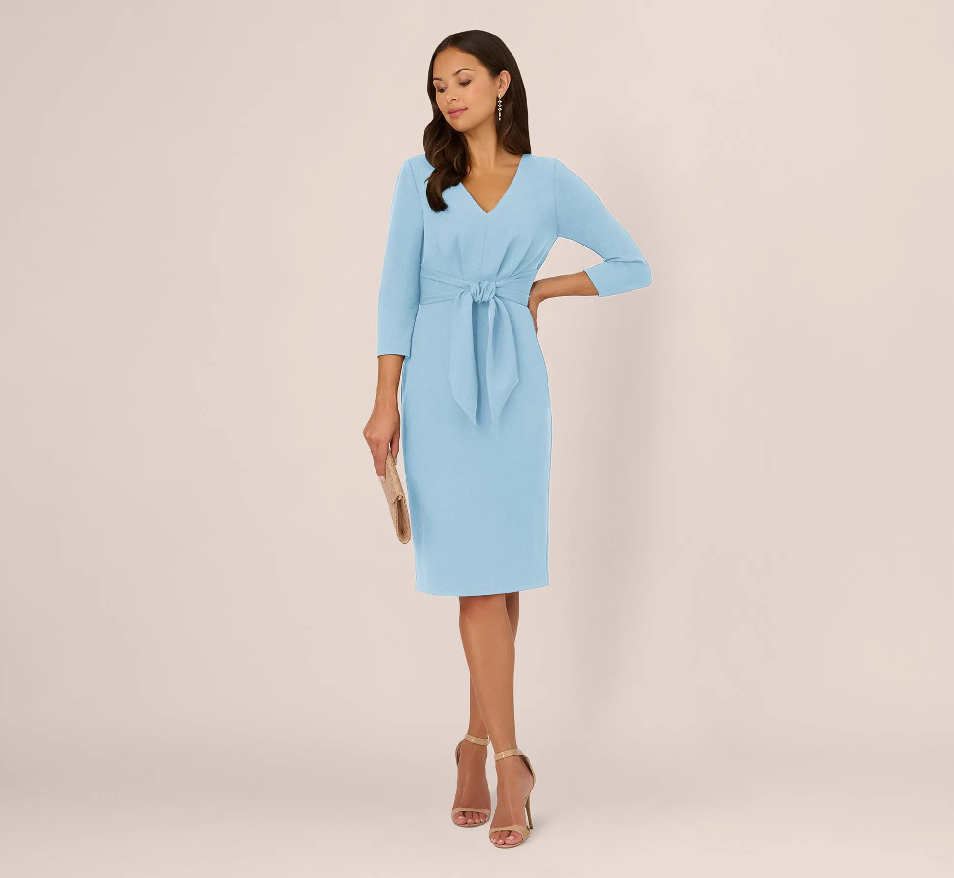 Three Quarter Sleeve Pleated Midi Dress With Tie Waist In Blue Mist sold by Adrianna Papell product image thumbnail 2