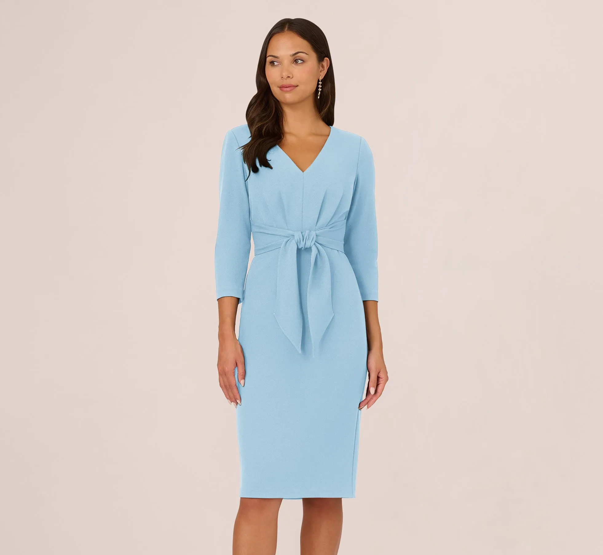 Three Quarter Sleeve Pleated Midi Dress With Tie Waist In Blue Mist sold by Adrianna Papell