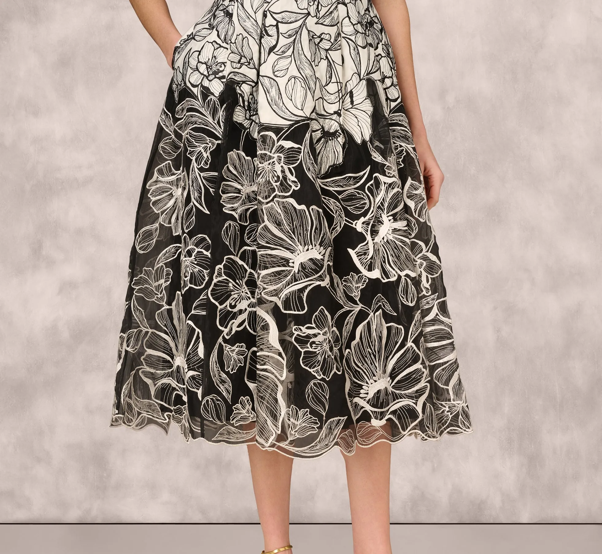 Sleeveless Embroidered Two Tone Midi Dress In Ivory Black sold by Adrianna Papell product image thumbnail 4