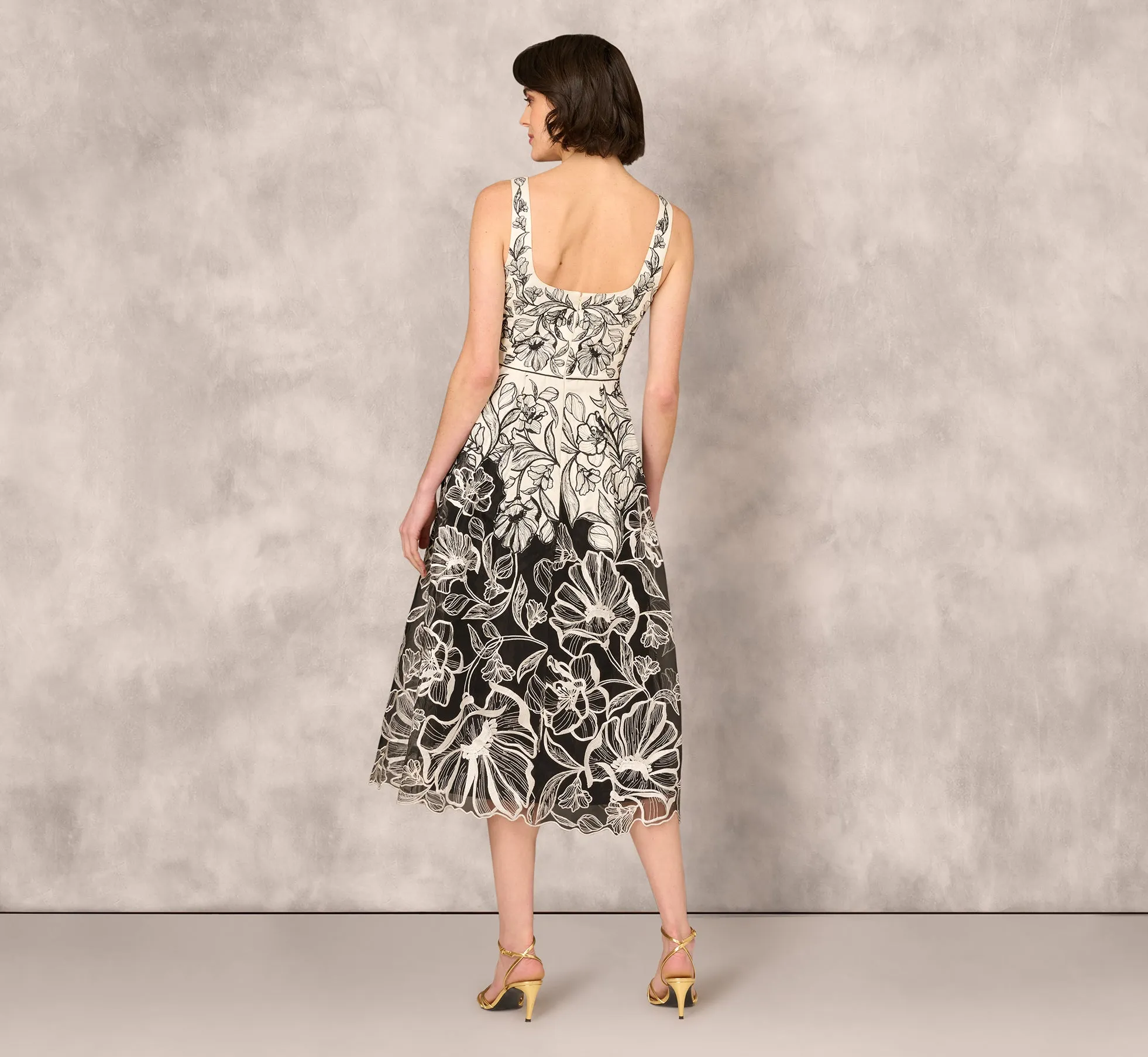Sleeveless Embroidered Two Tone Midi Dress In Ivory Black sold by Adrianna Papell product image thumbnail 5