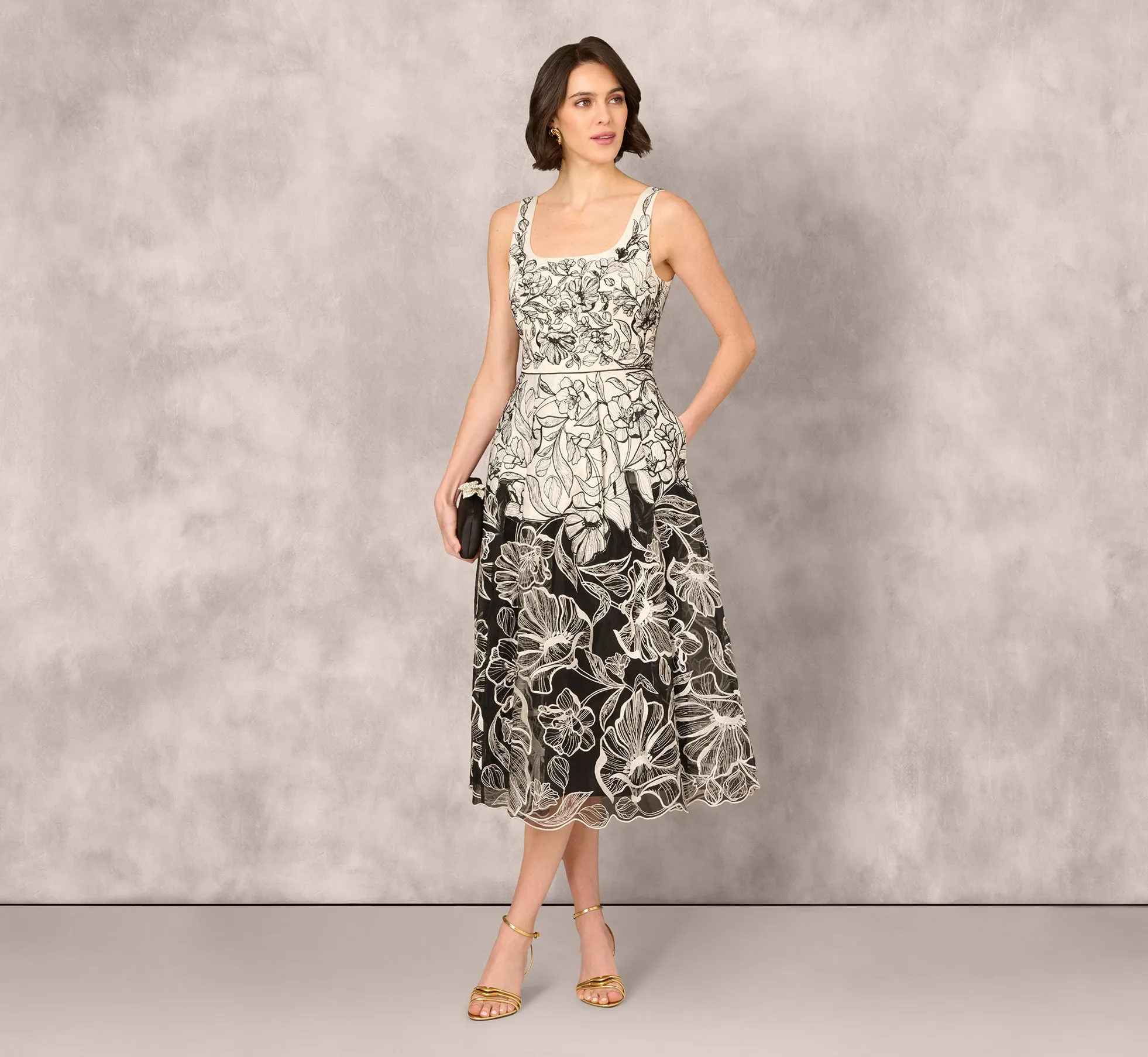 Sleeveless Embroidered Two Tone Midi Dress In Ivory Black sold by Adrianna Papell product image thumbnail 2
