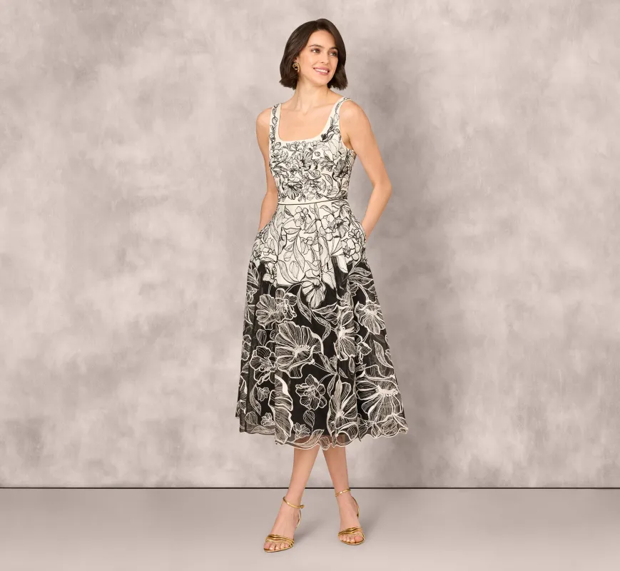 Sleeveless Embroidered Two Tone Midi Dress In Ivory Black sold by Adrianna Papell
