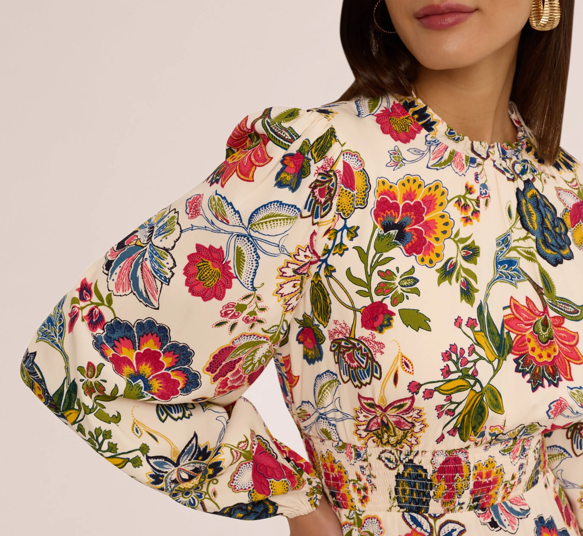 Floral Print Dress With Long Bishop Sleeves In Ecru Multi sold by Adrianna Papell product image thumbnail 3