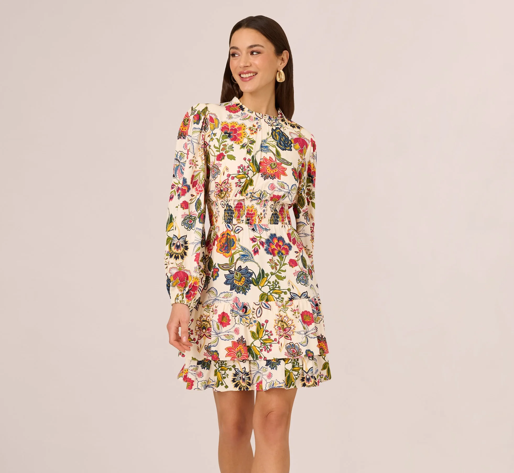 Floral Print Dress With Long Bishop Sleeves In Ecru Multi sold by Adrianna Papell