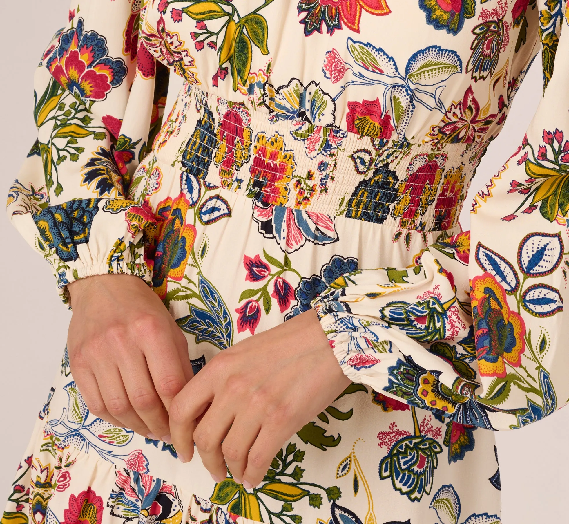 Floral Print Dress With Long Bishop Sleeves In Ecru Multi sold by Adrianna Papell product image thumbnail 5