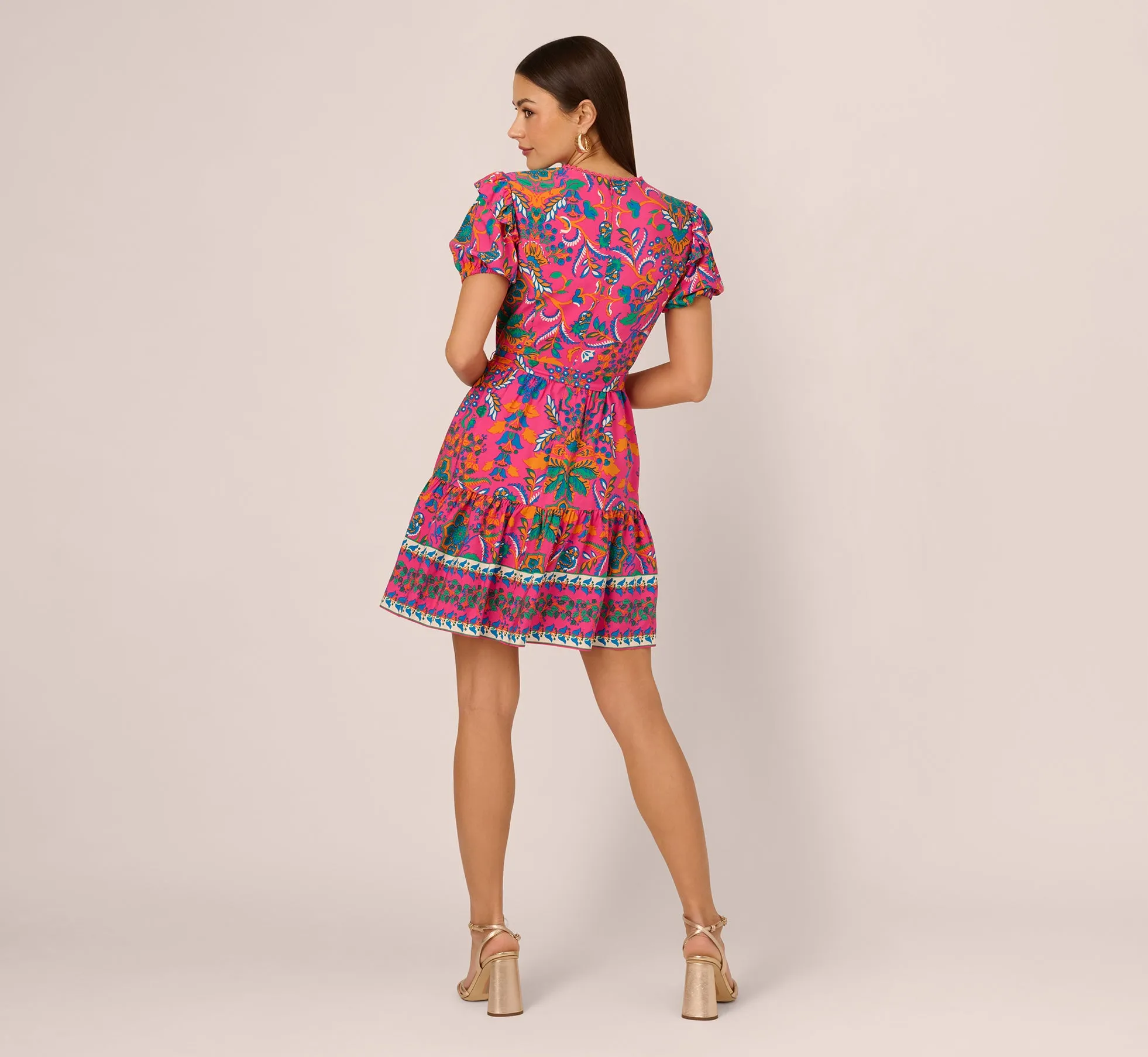 Puff Sleeve Retro Printed Short Dress In Hot Pink Multi sold by Adrianna Papell product image thumbnail 4