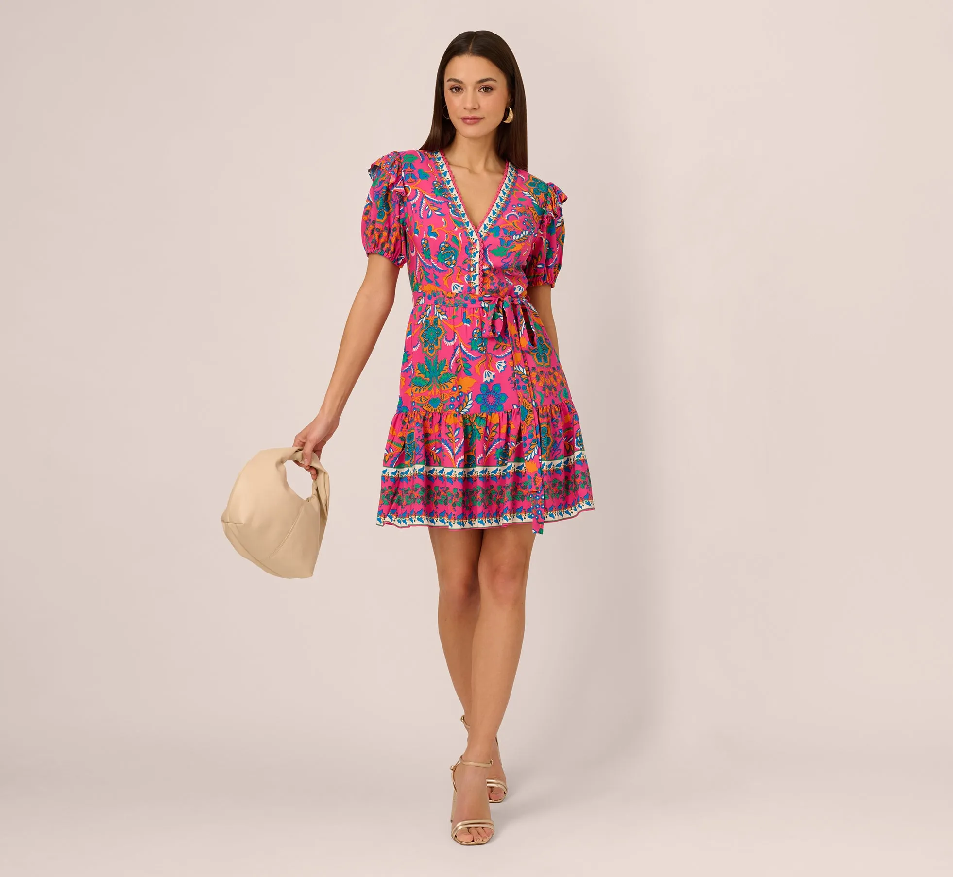 Puff Sleeve Retro Printed Short Dress In Hot Pink Multi sold by Adrianna Papell product image thumbnail 2