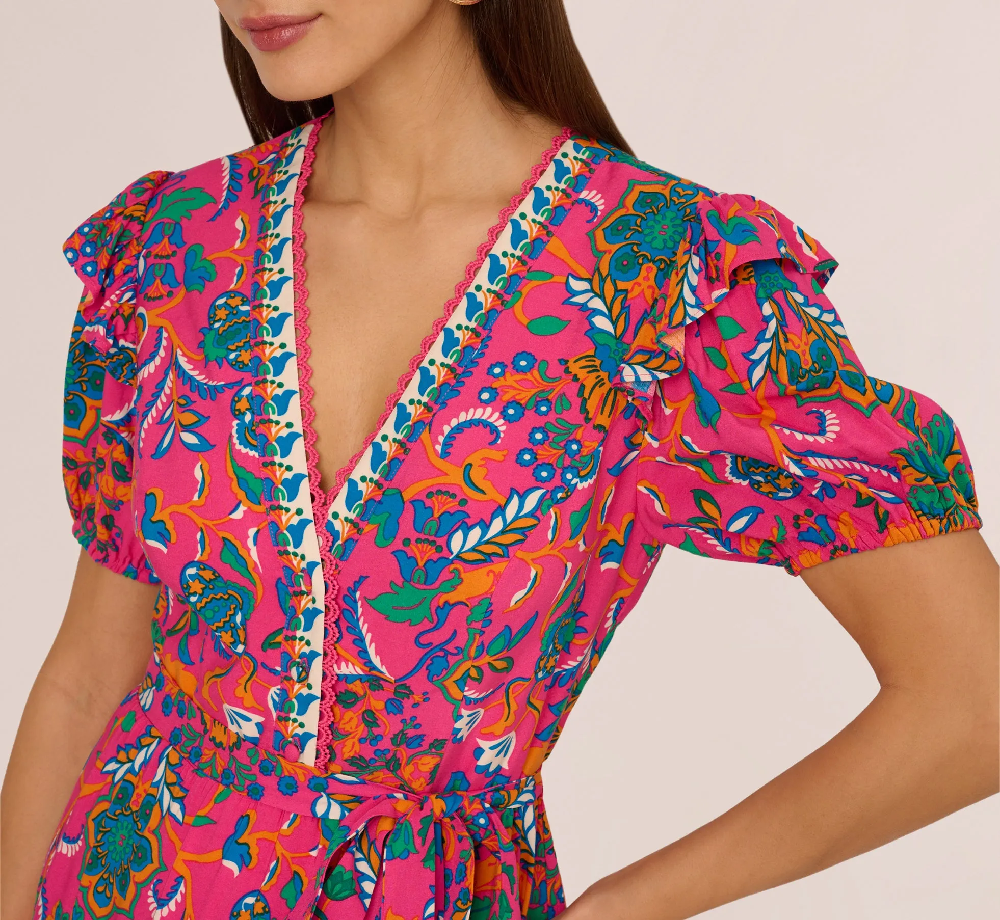 Puff Sleeve Retro Printed Short Dress In Hot Pink Multi sold by Adrianna Papell product image thumbnail 5