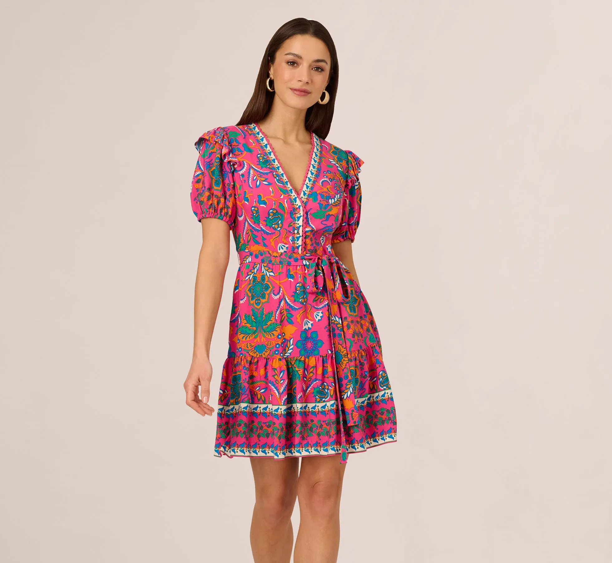Puff Sleeve Retro Printed Short Dress In Hot Pink Multi sold by Adrianna Papell