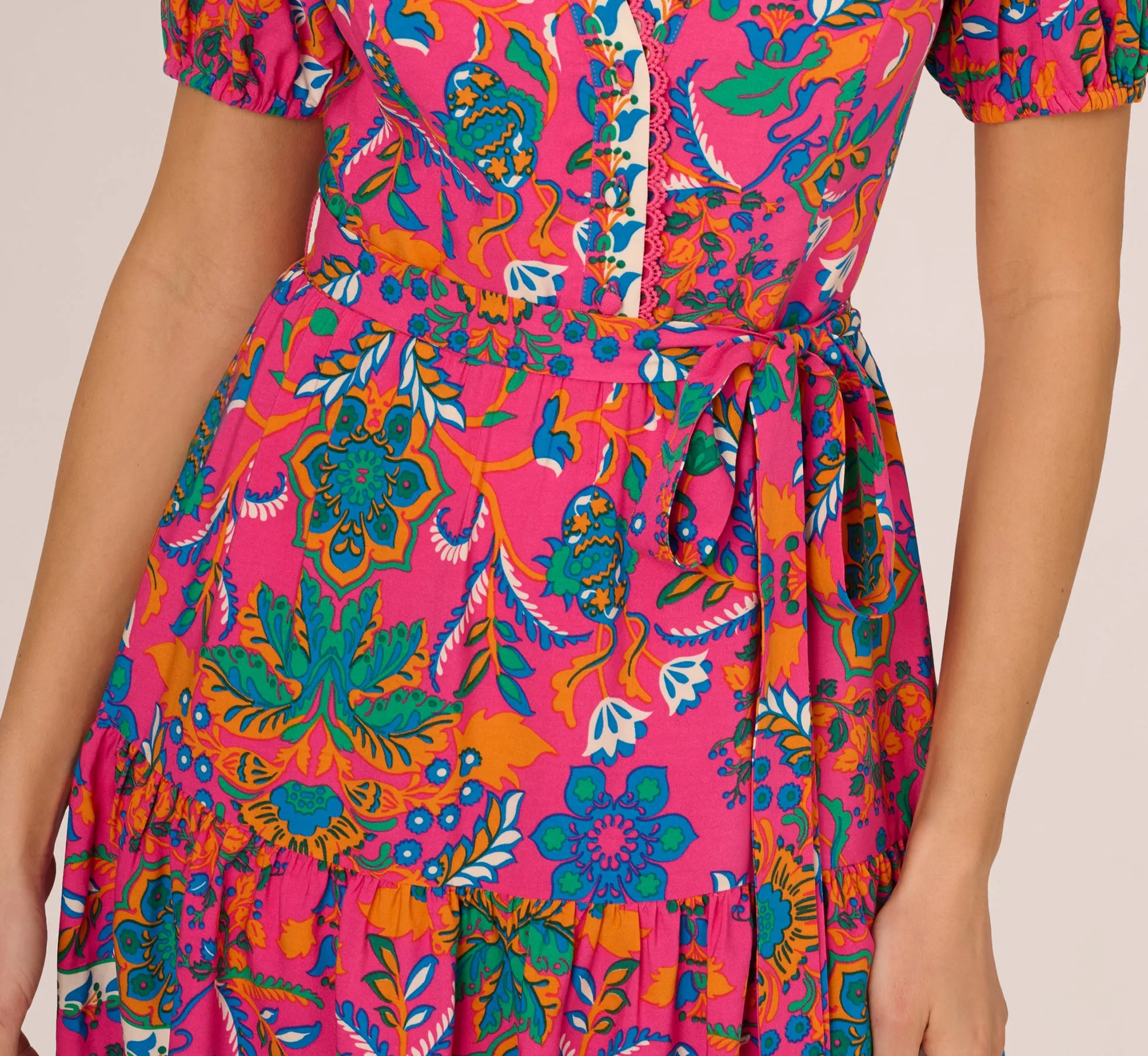 Puff Sleeve Retro Printed Short Dress In Hot Pink Multi sold by Adrianna Papell product image thumbnail 3