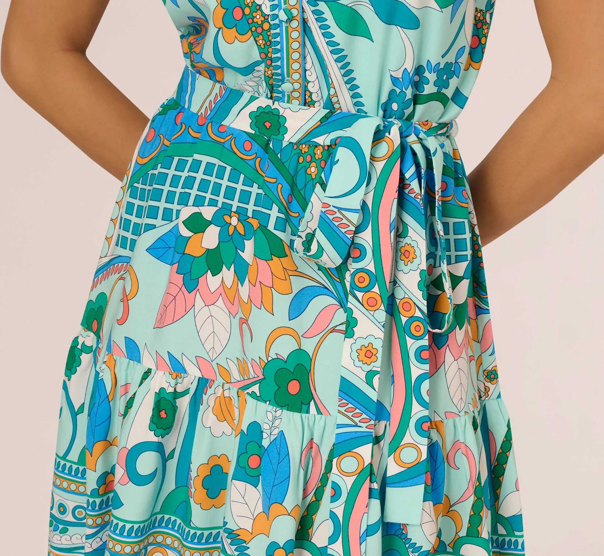 Sleeveless Retro Printed Short Sundress In Mint Multi sold by Adrianna Papell product image thumbnail 5