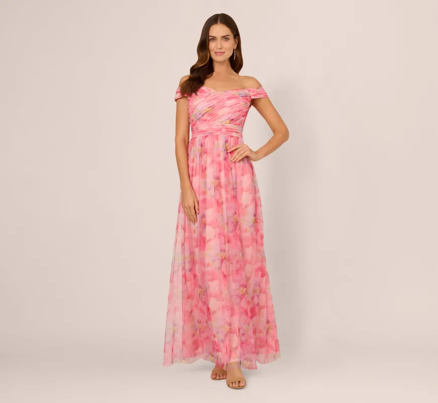 Off Shoulder Watercolor Print Tulle Gown In Pink Multi sold by Adrianna Papell