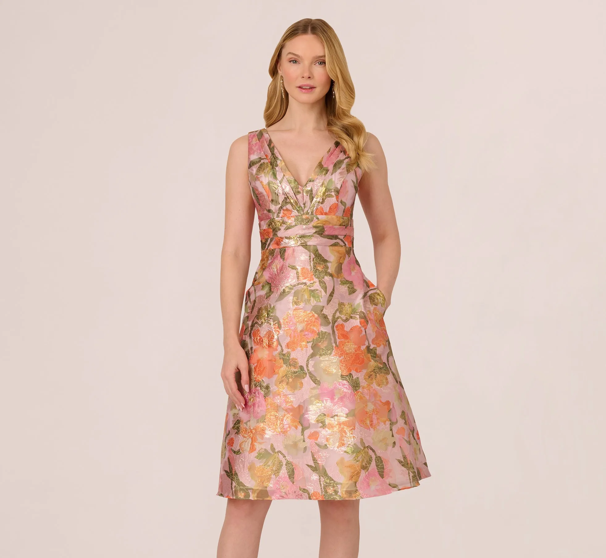 Metallic Floral Jacquard Midi Dress In Yellow Orange Multi sold by Adrianna Papell