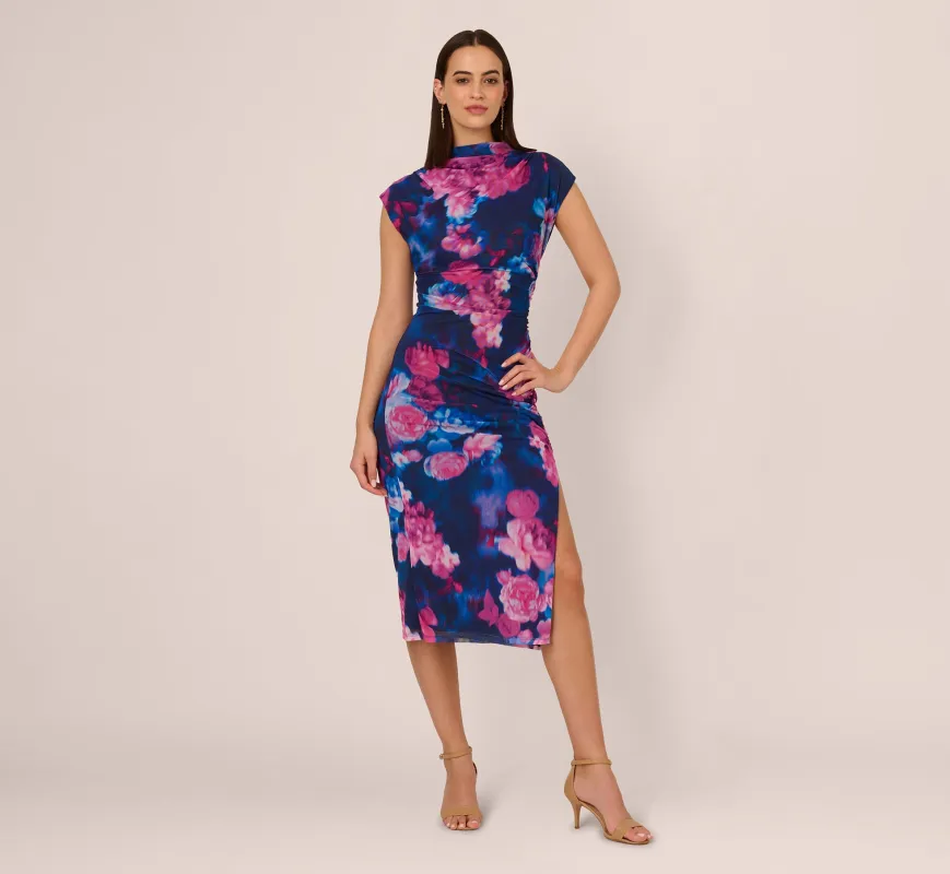 Sleeveless Floral Mesh Draped Midi Dress In Navy Pink Multi sold by Adrianna Papell
