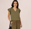 Ruffle Sleeve V Neck Satin Top In Olivine sold by Adrianna Papell
