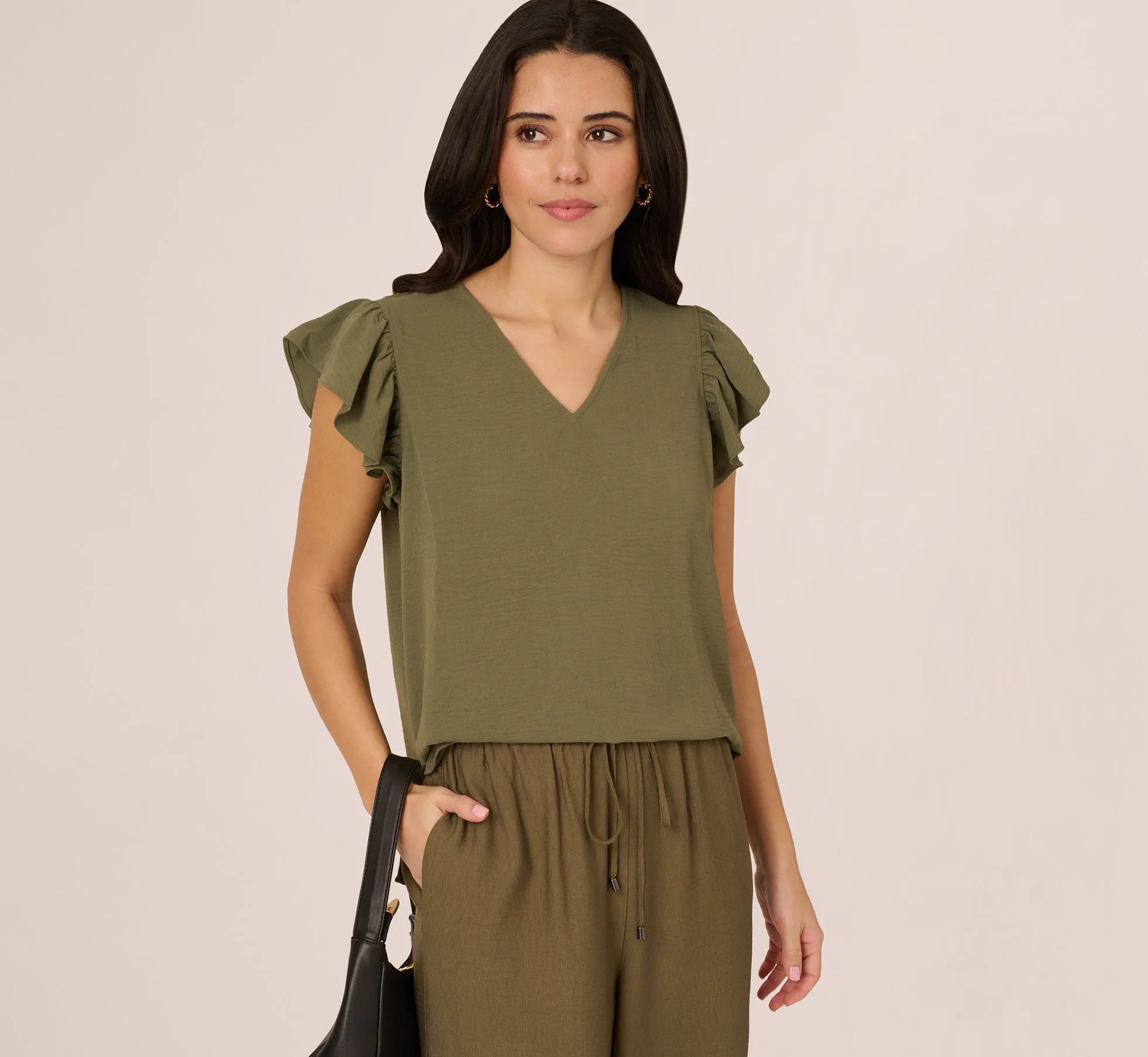 Ruffle Sleeve V Neck Satin Top In Olivine sold by Adrianna Papell