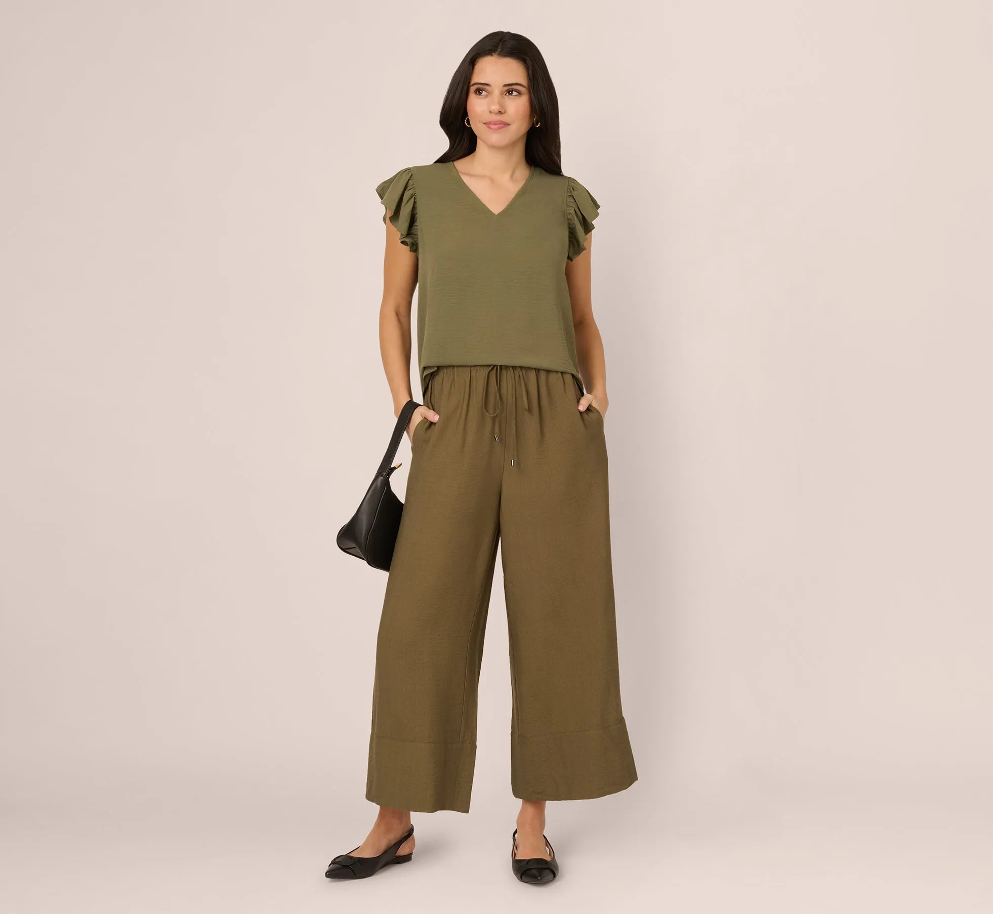 Ruffle Sleeve V Neck Satin Top In Olivine sold by Adrianna Papell product image thumbnail 3