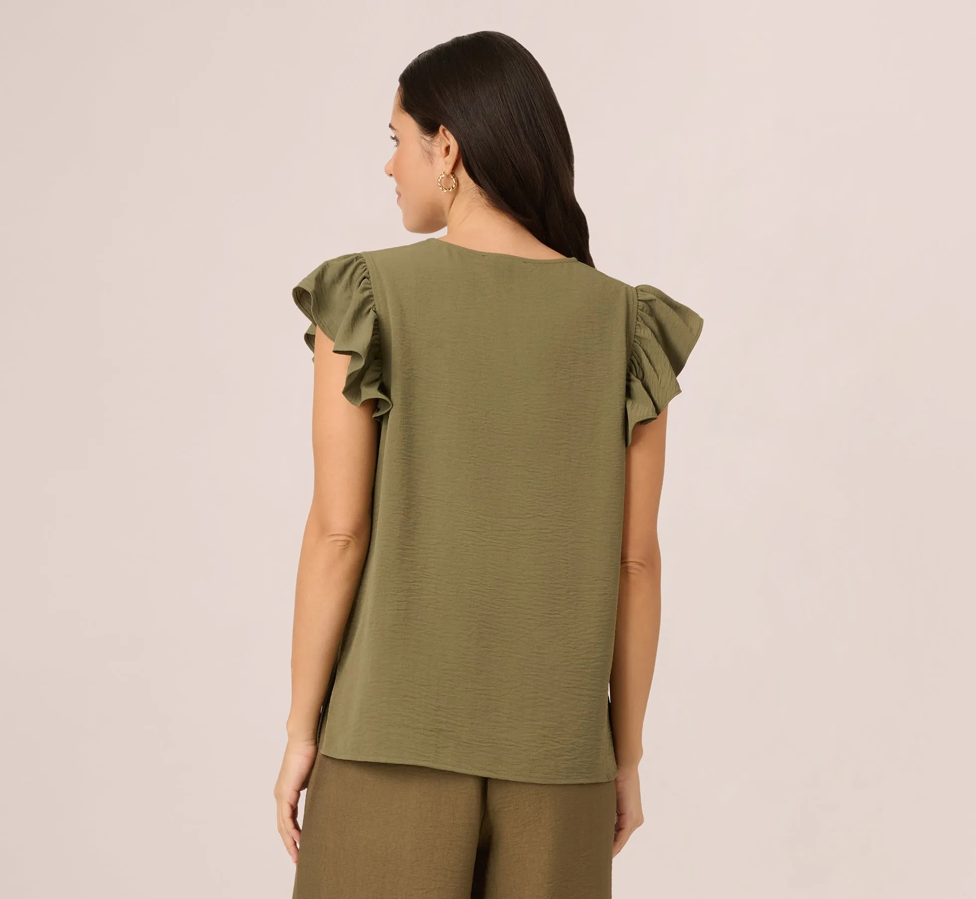 Ruffle Sleeve V Neck Satin Top In Olivine sold by Adrianna Papell product image thumbnail 5