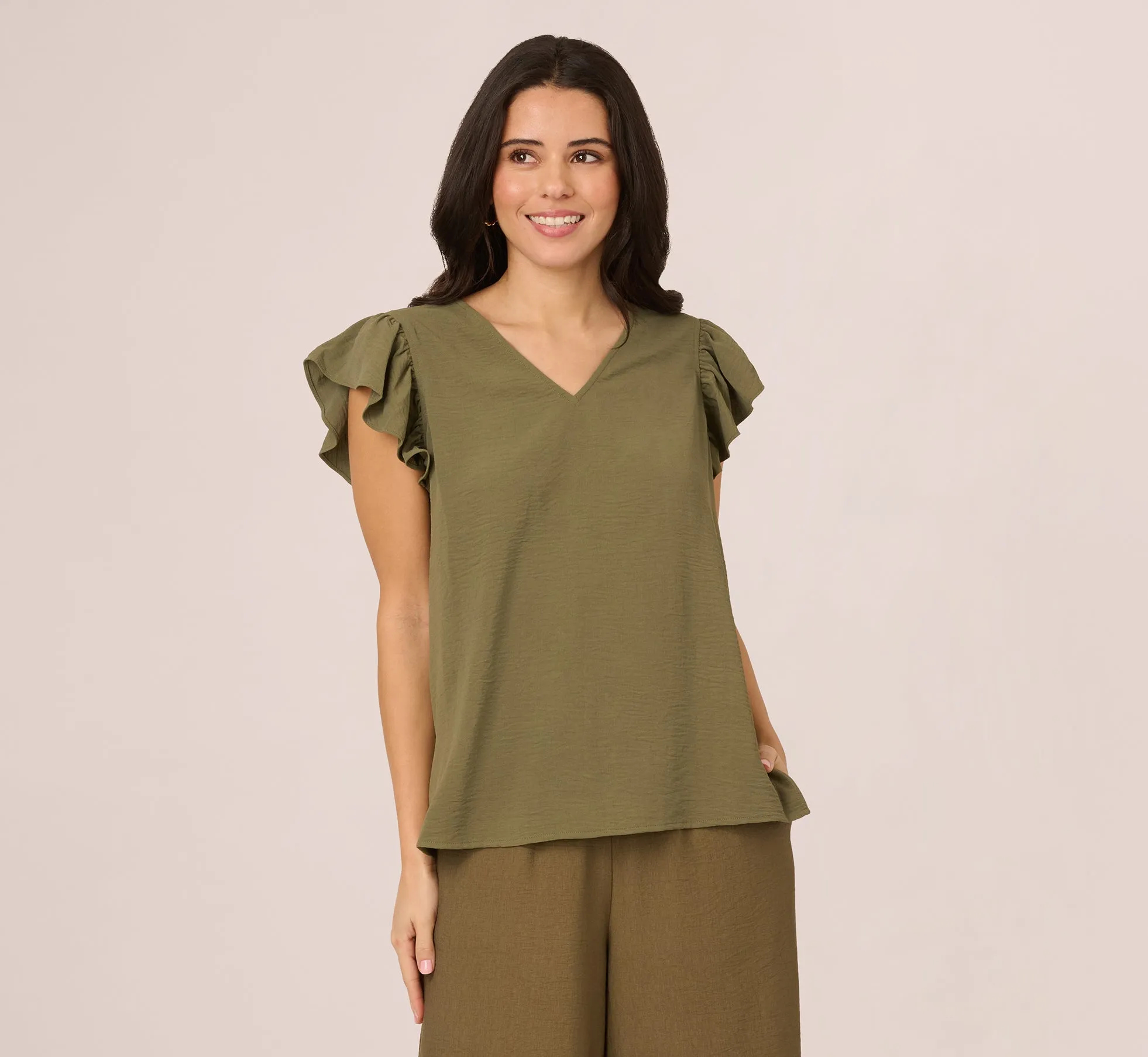Ruffle Sleeve V Neck Satin Top In Olivine sold by Adrianna Papell product image thumbnail 2