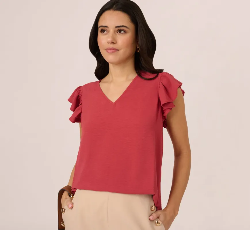 Ruffle Sleeve V Neck Satin Top In Rose sold by Adrianna Papell
